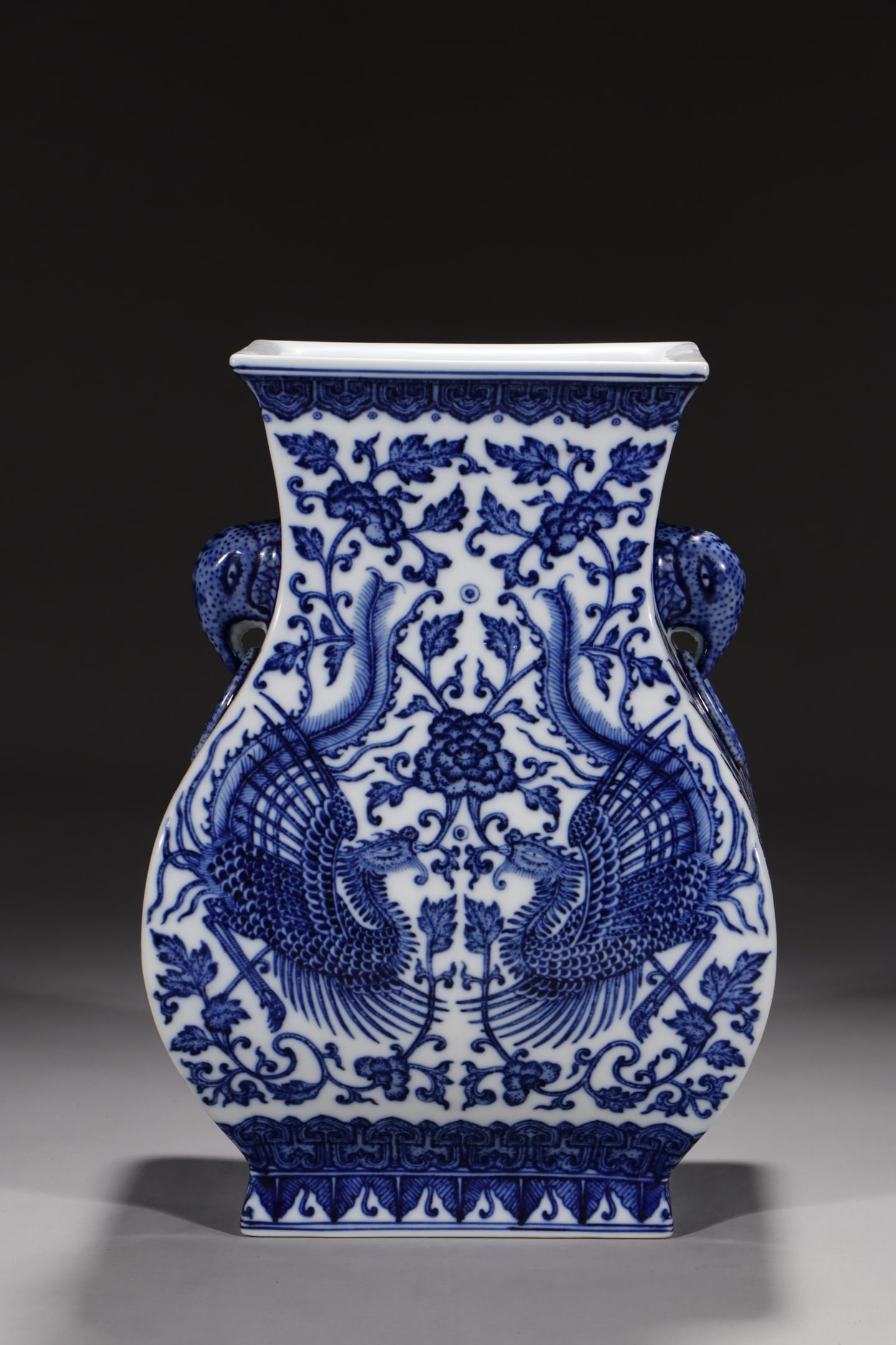 An Exquisite Blue and White Lotus and Phoenix Pattern Beast-Ears Vase: An Exquisite Blue and White Lotus and Phoenix Pattern Beast-Ears Vase,Qing Dynasty,China,Qianlong Six-character Mark,Size:11in 
