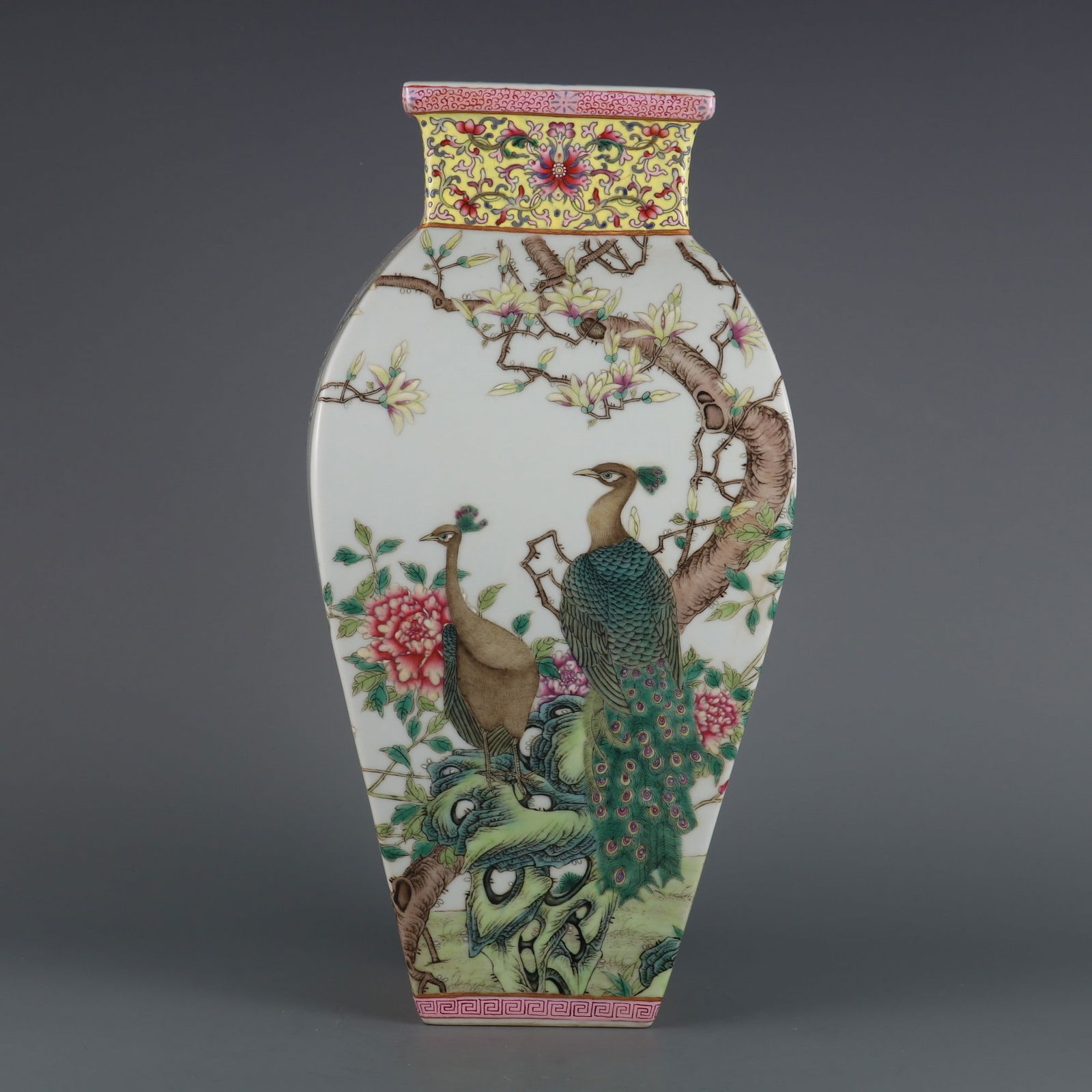 An Exquisite Famille-Rose Flower and Peacock Pattern Vase,with poem: An Exquisite Famille-Rose Flower and Peacock Pattern Vase,with poem,Qing Dynasty,China,Qianlong Six-character Mark,Size:13.3inx4.3in 