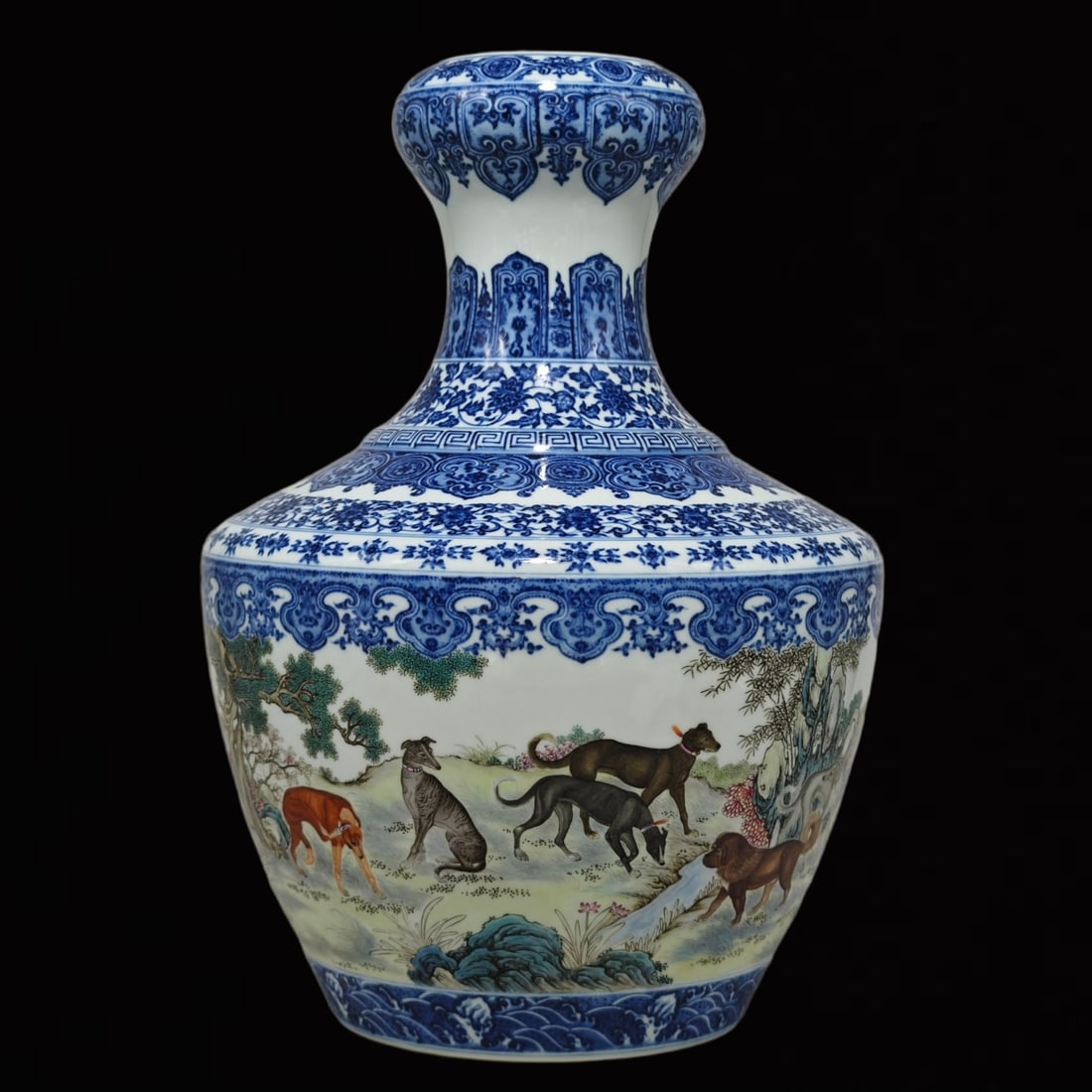 An Exquisite Blue and White Dog Pattern Vase,with poem: An Exquisite Blue and White Dog Pattern Vase,with poem,Qing Dynasty,China,Qianlong Six-character Mark,Size:16.9inx12.2in 