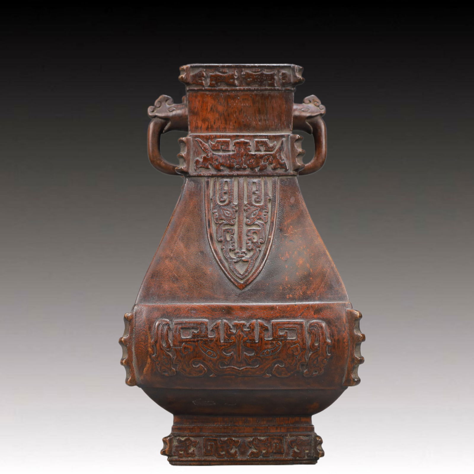 An Exquisite Eaglewood Beast-Face Pattern Double-Ears Vase: An Exquisite Eaglewood Beast-Face Pattern Double-Ears Vase,Qing Dynasty,China,Size:10.6inx6.1in,Weight:850g 