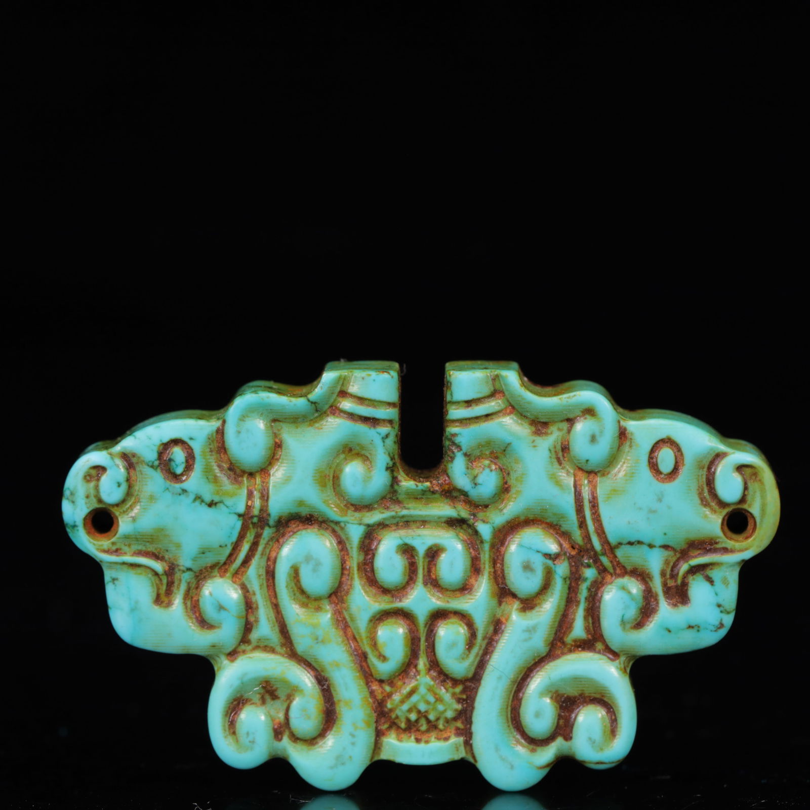 An Exquisite Turquoise Auspicious Beast Pattern Pendant: An Exquisite Turquoise Auspicious Beast Pattern Pendant,The Warring States period in China,Size:2.4inx0.4inx1.4in,Weight:31g 