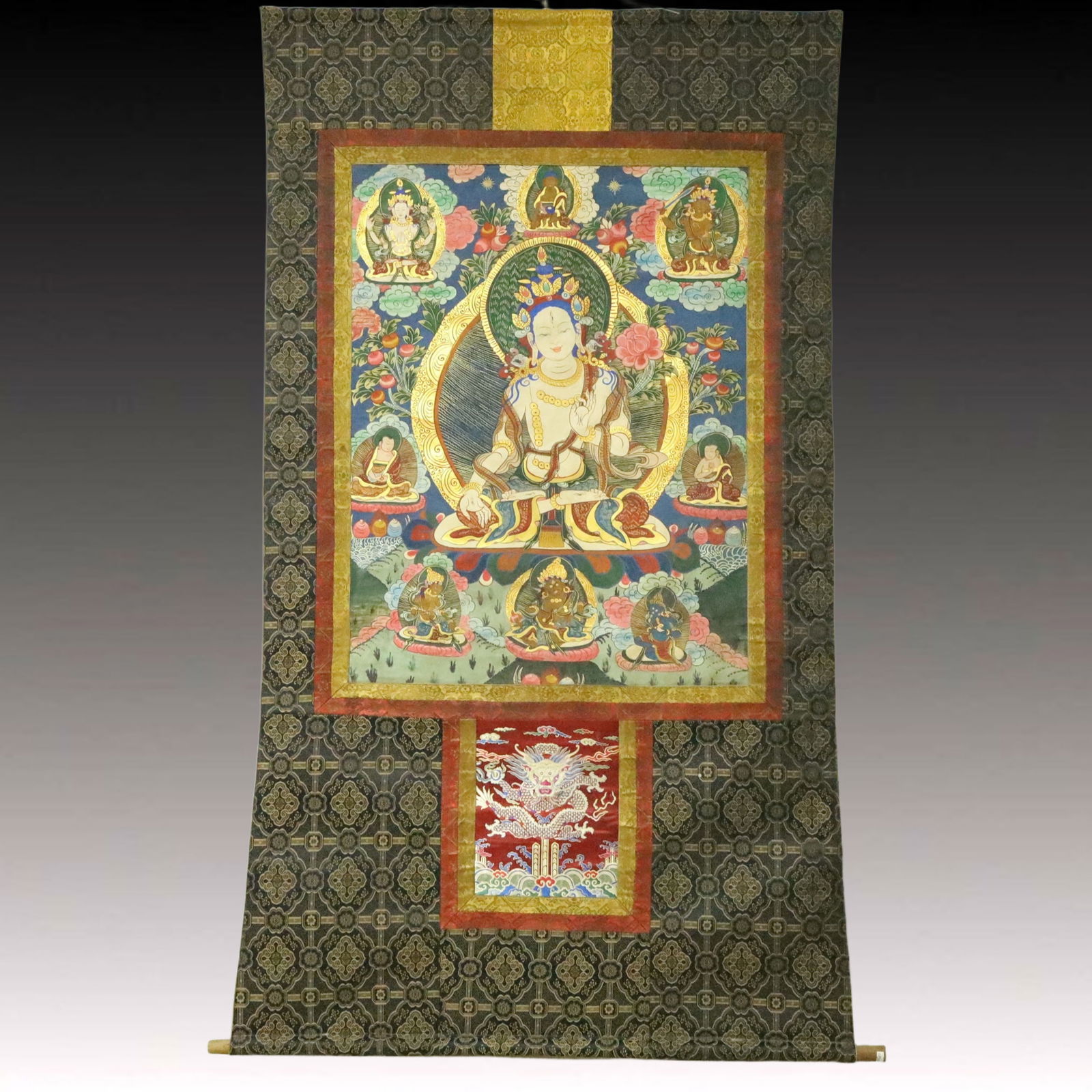 A Rare Brocade Painted Color Statue of White Tara Tangka: A Rare Brocade Painted Color Statue of White Tara Tangka,Qing Dynasty, China,Size:43.3inx74in 