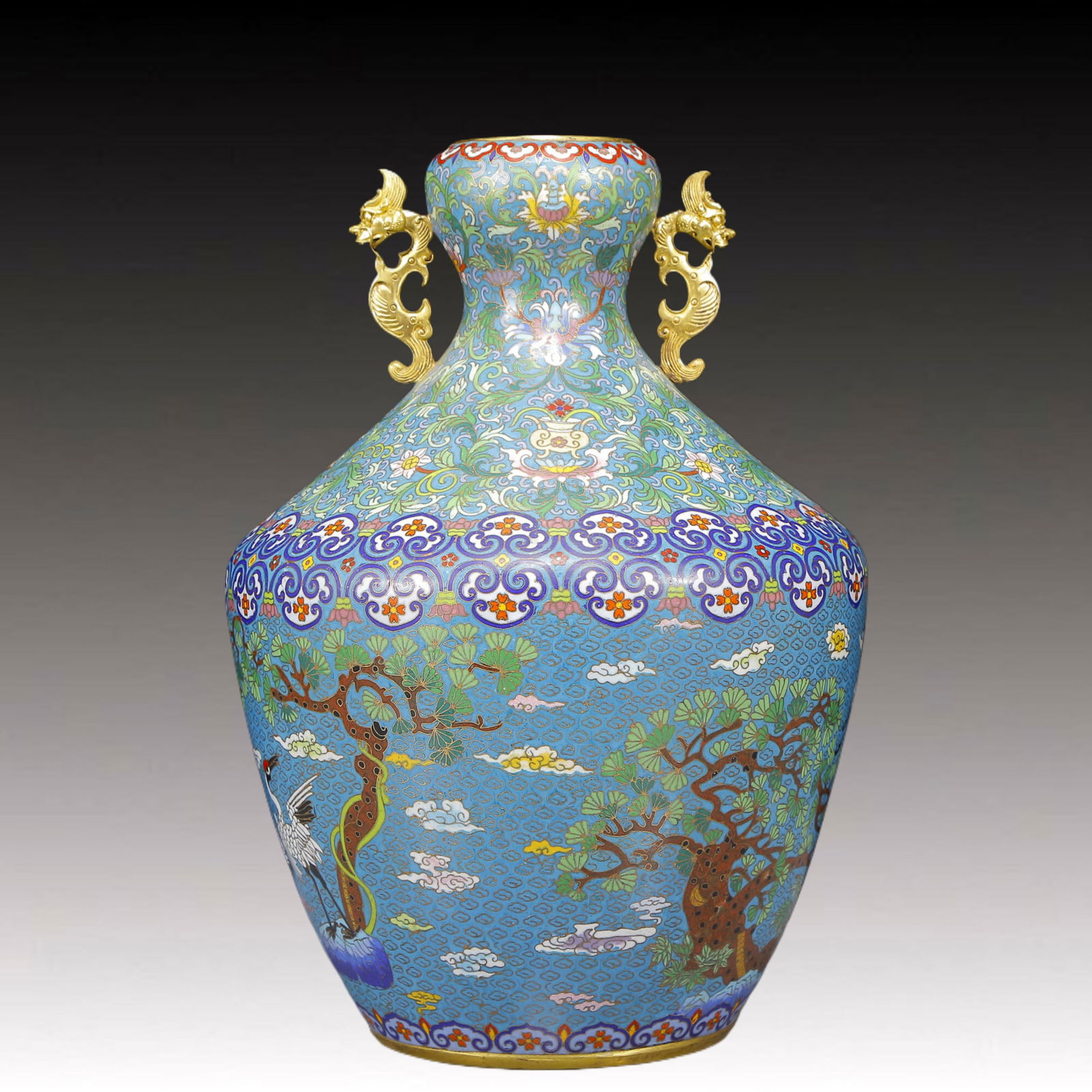 A Rare Cloisonne Pine and Crane Pattern Double-Ears Vase: A Rare Cloisonne Pine and Crane Pattern Double-Ears Vase,Qing Dynasty, China,Kangxi Four-character Mark,Size:9.4inx14.6in,Weight:11495g 
