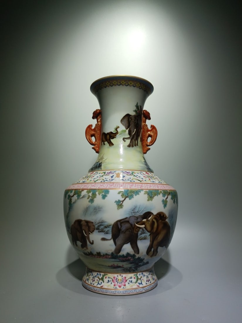 A Rare Famille-Rose Elephant Pattern Double-Ears Vase: A Rare Famille-Rose Elephant Pattern Double-Ears Vase,Qing Dynasty,China,Qianlong Six-character Mark,Size:14.4inx8.7in 