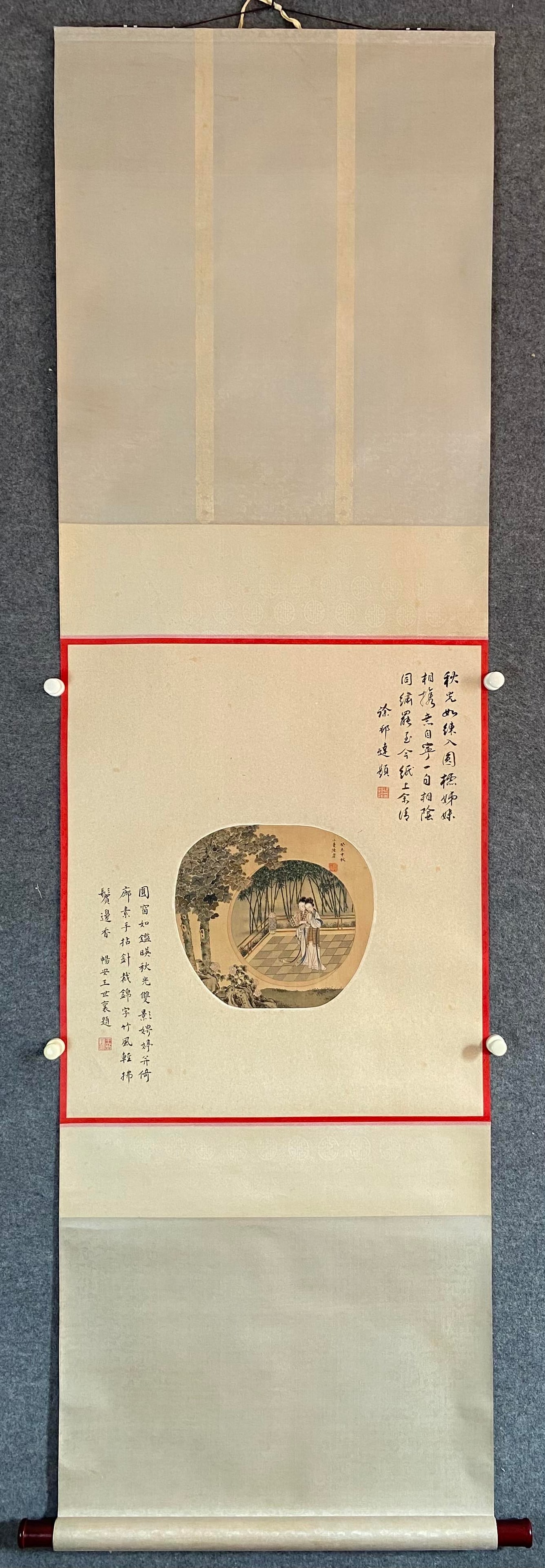 A Chinese Vertical Scroll Ink Painting of Character and Story on Silk: A Chinese Vertical Scroll Ink Painting of Character and Story on Silk,Lu Xiaoman,Size:11inx10.2in 一幅中国水墨绢本人物故事ஹ