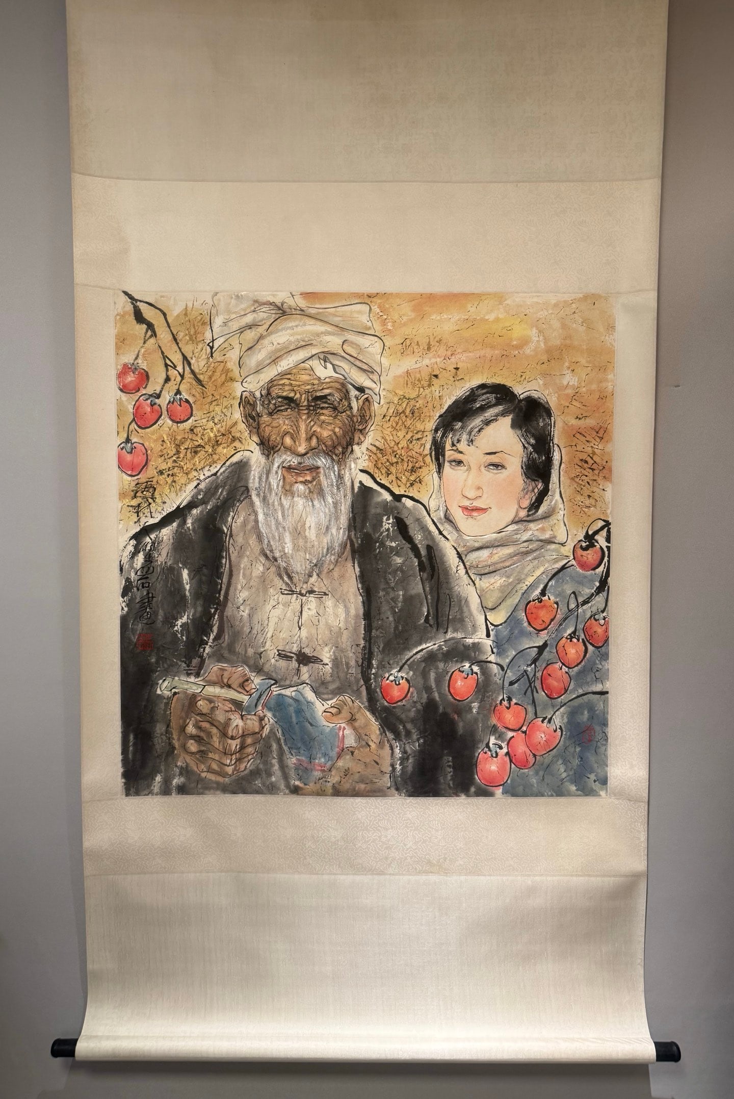 A Chinese Vertical Scroll Ink Painting of Character and Story on Paper: A Chinese Vertical Scroll Ink Painting of Character and Story on Paper,Liang Yan,Size:36.2inx38.2in 