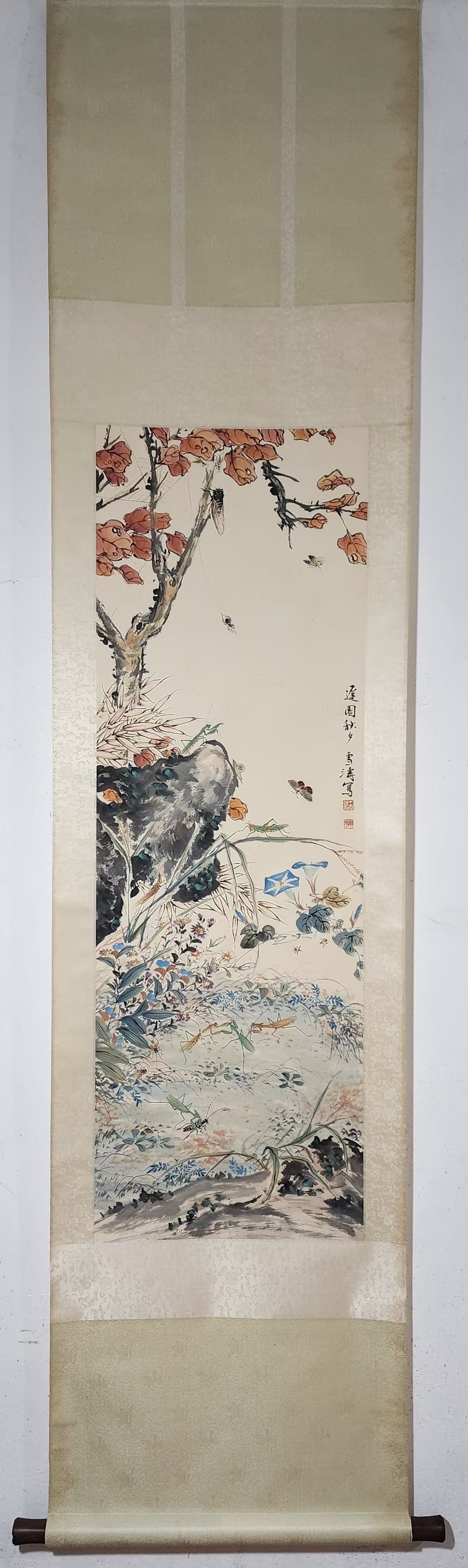 A Chinese Vertical Scroll Ink Painting of Flower and Butterfly on Paper: A Chinese Vertical Scroll Ink Painting of Flower and Butterfly on Paper,Wang Xuetao,Size:48inx15.9in 