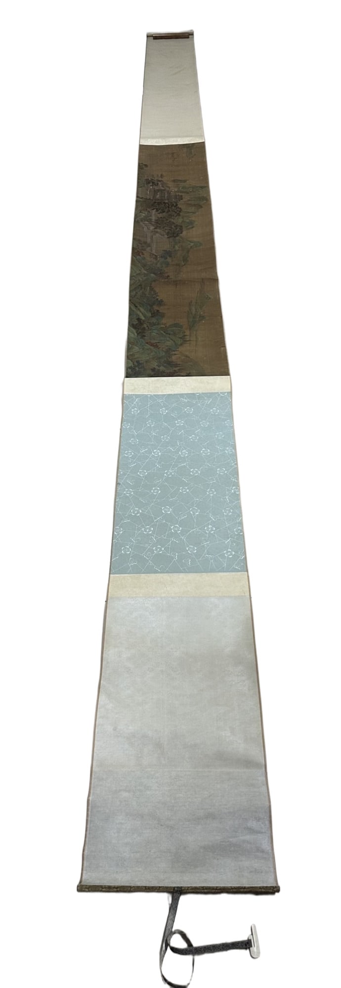 A Chinese Hand Scroll Ink Painting of Landscape on Silk: A Chinese Hand Scroll Ink Painting of Landscape on Silk,Wen Huiming,Size:(Entirety)212.6inx13in,(Without Frame)78.7inx12.6in 