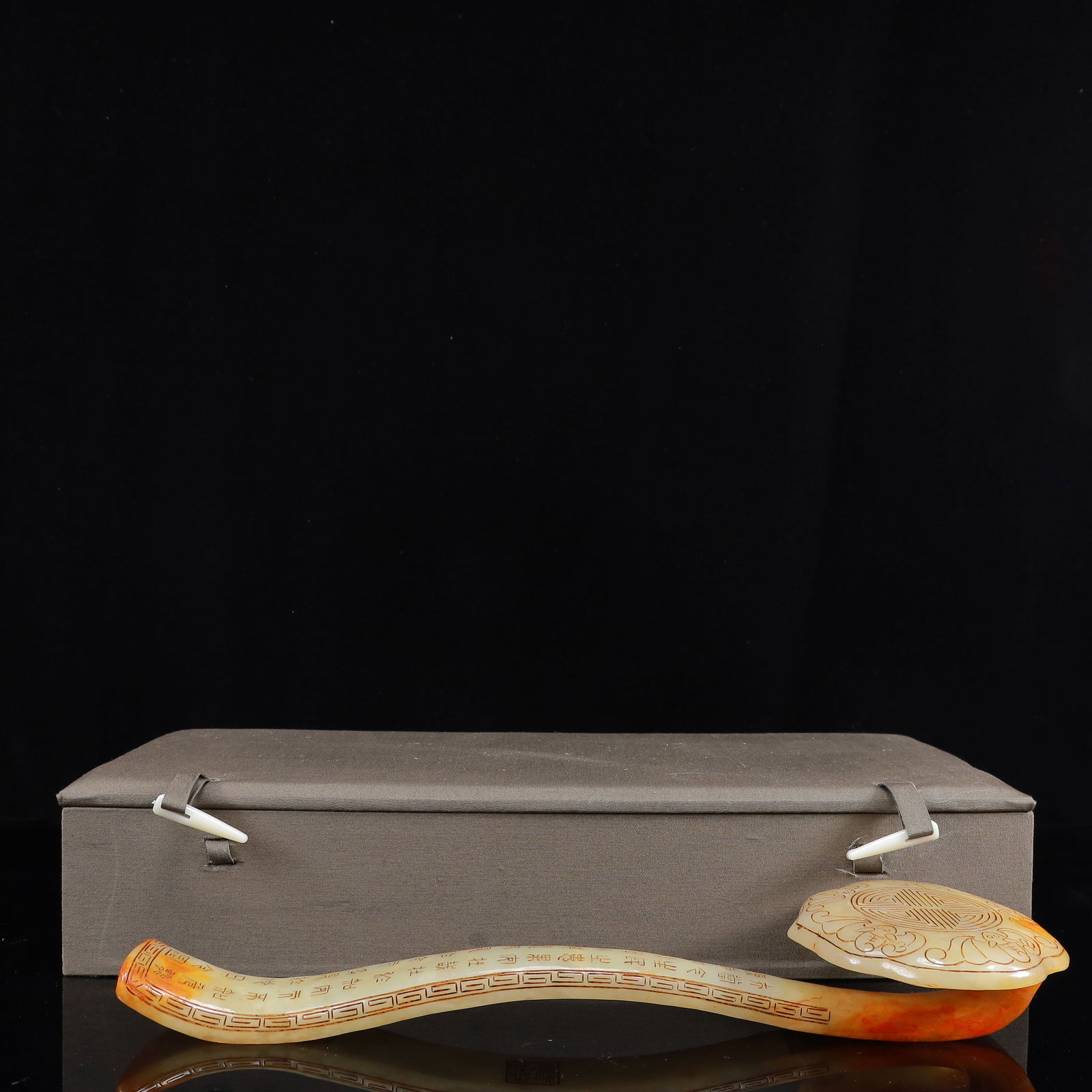 An Exquisite White Jade Ruyi Ornament,with Poem: An Exquisite White Jade Ruyi Ornament,with Poem,Qing Dynasty,China,Qianlong Four-Character Mark,Size:13.8inx4.3inx1.6in,Weight:709g 