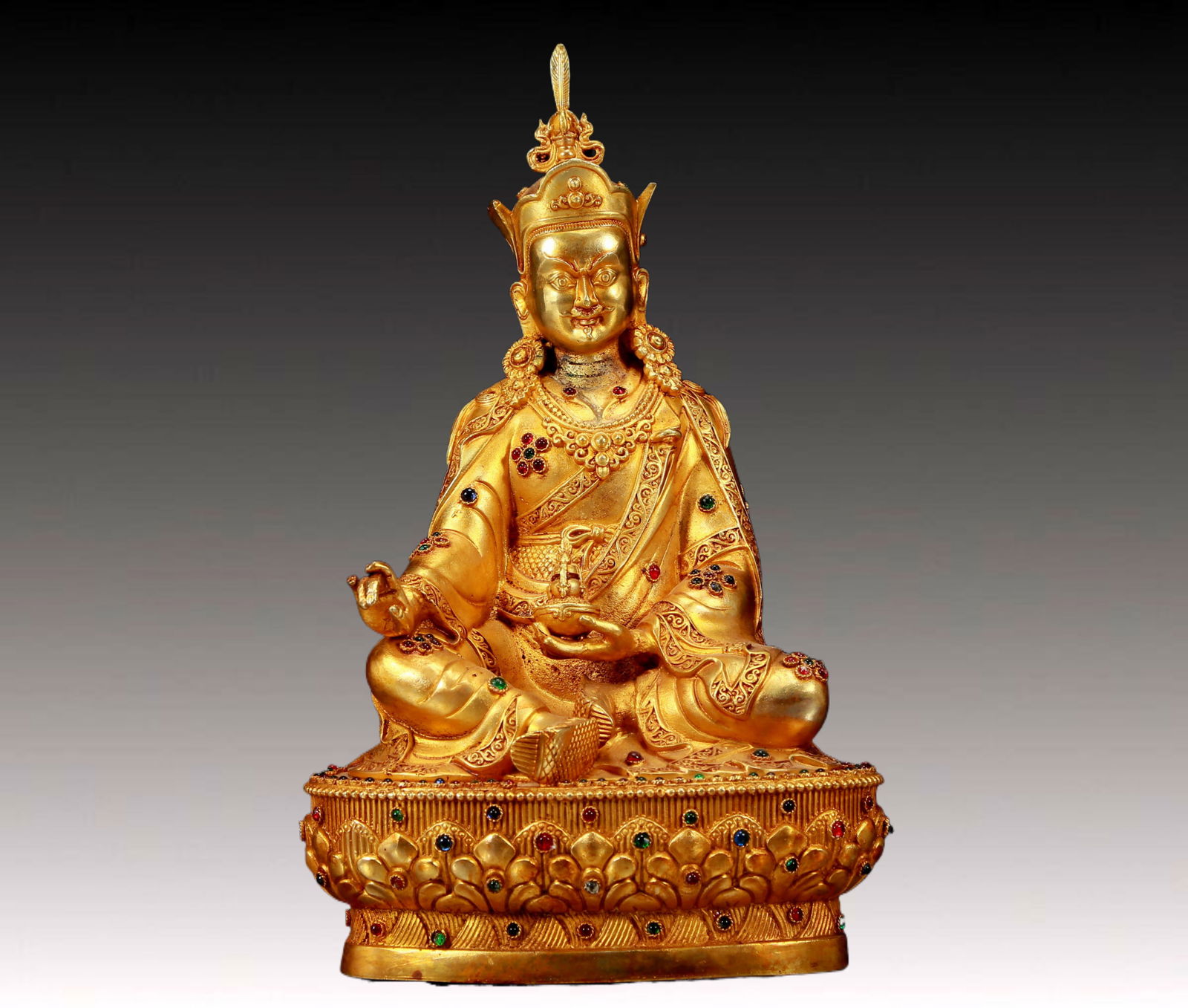 An Exquisite Gilt Bronze Inlaid Gems Statue of Padma Sambhava: An Exquisite Gilt Bronze Inlaid Gems Statue of Padma Sambhava,Qing Dynasty, China,Size:6.3inx4.3inx11in,Weight:1835g 