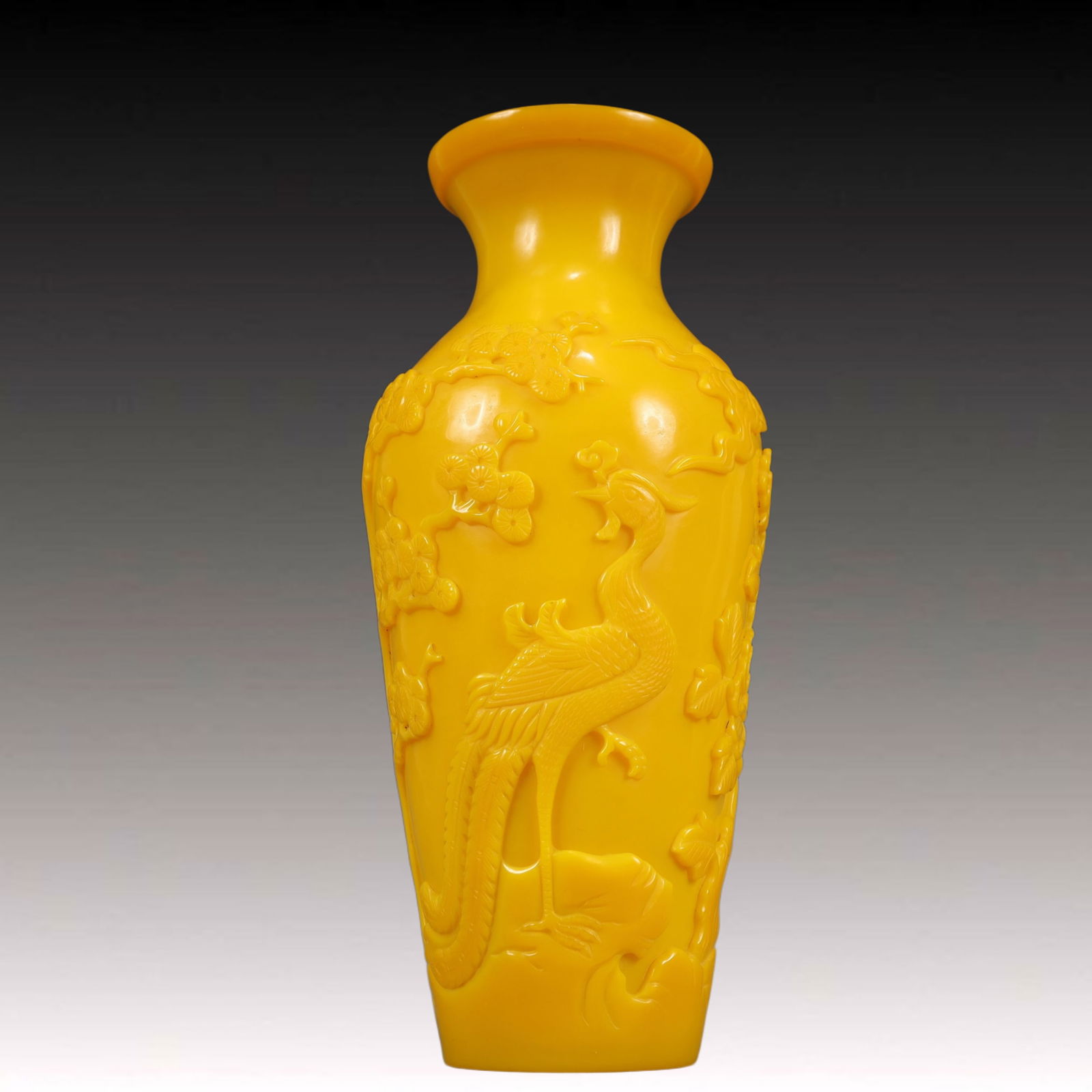 A Precious Coloured glaze Yellow Glazed Flower and Bird Pattern Vase: A Precious Coloured glaze Yellow Glazed Flower and Bird Pattern Vase,Qing Dynasty, China,Qianlong Four-character Mark,Size:4.3inx10.4in Weight:1650g 