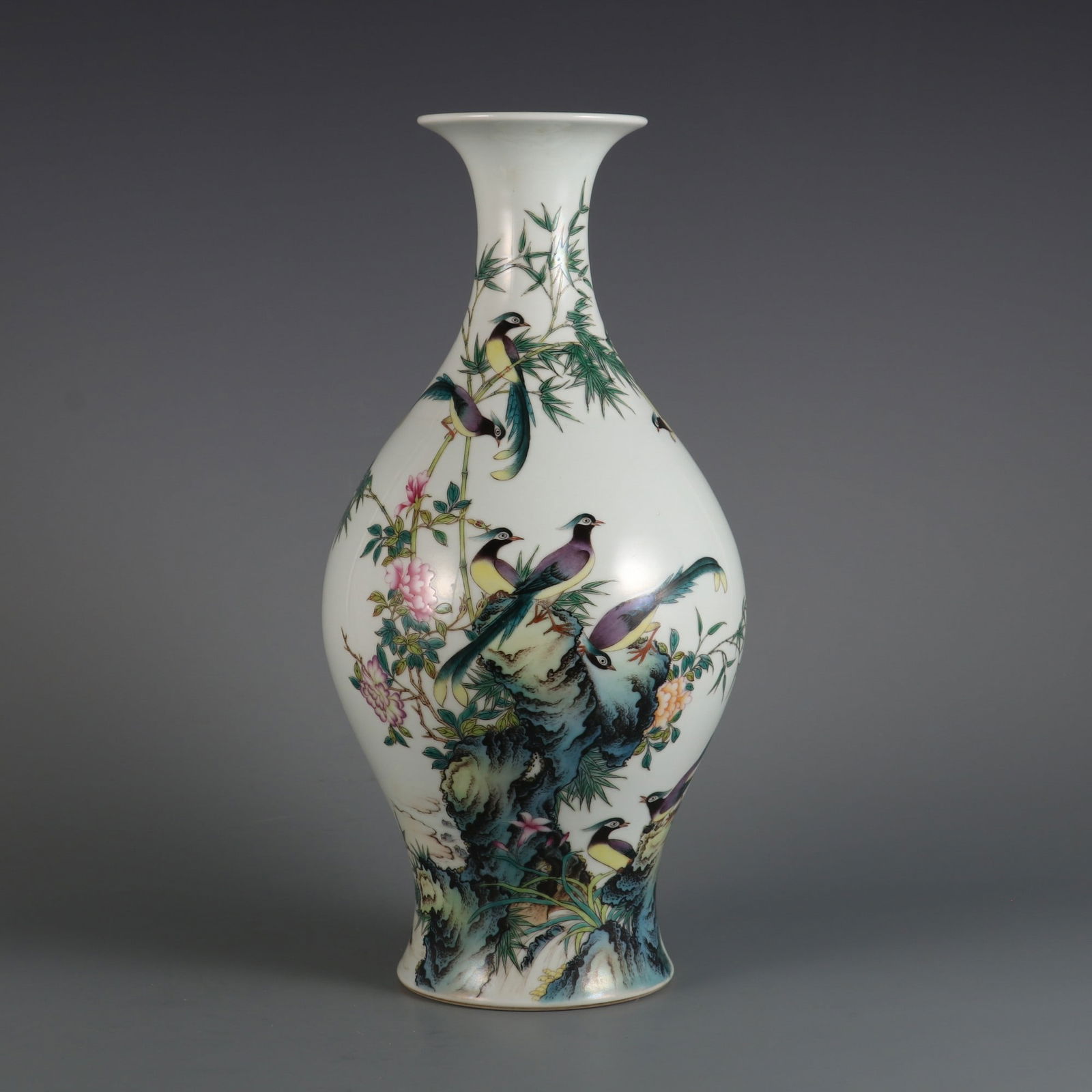 An Exquisite Famille-Rose Flower and Bird Pattern Vase,with poem: An Exquisite Famille-Rose Flower and Bird Pattern Vase,with poem,Qing Dynasty,China,Yongzheng Six-character Mark,Size:14inx6.5in 