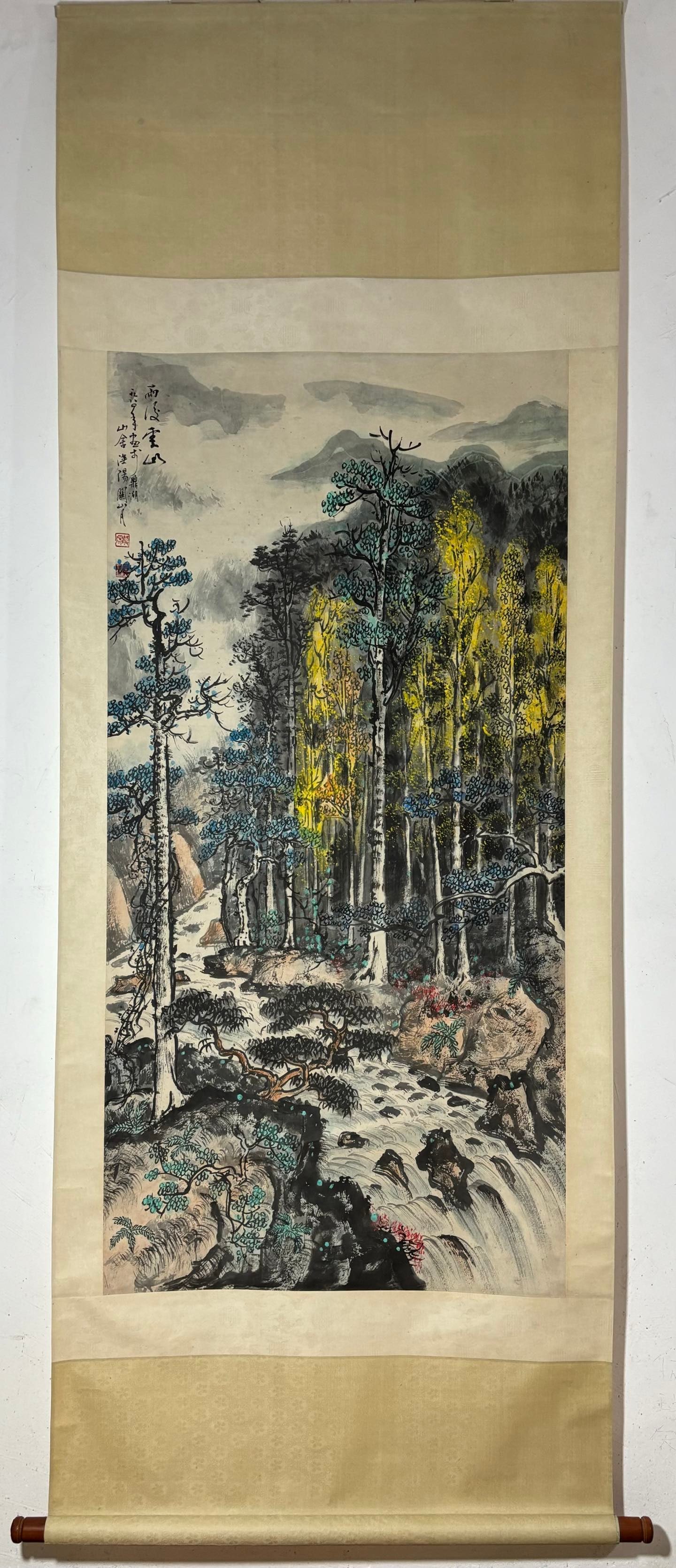 A Chinese Vertical Scroll Ink Painting of Landscape on Paper: A Chinese Vertical Scroll Ink Painting of Landscape on Paper,Guan Shanyue,Size:54.3inx26.8in 