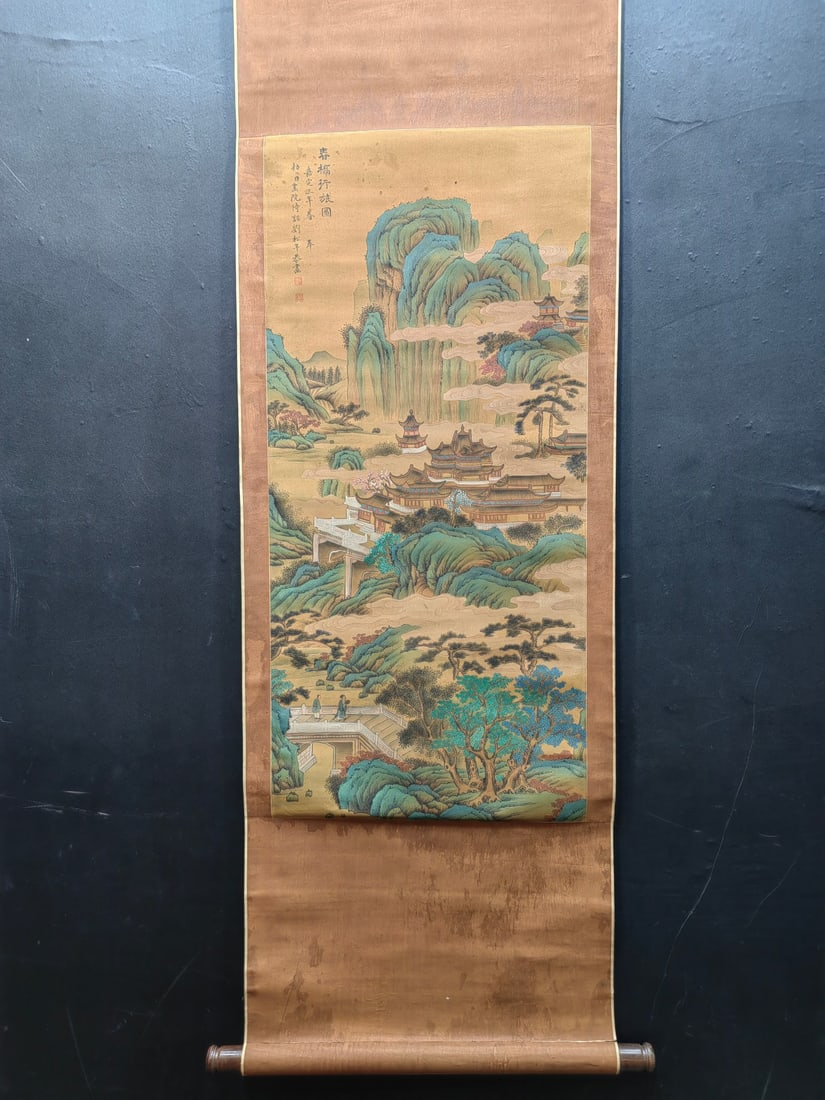 A Chinese Vertical Scroll Ink Painting of Landscape and Figure on Silk: A Chinese Vertical Scroll Ink Painting of Landscape and Figure on Silk,Liu Songnian,Size:16.9inx36.4in 
