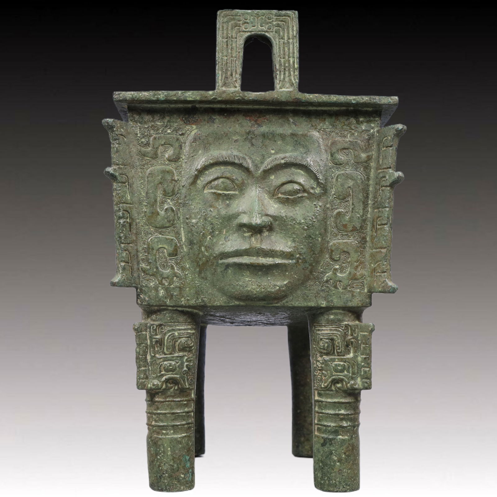 A Rare Bronze Face Pattern Double-Ears Censer - 4
