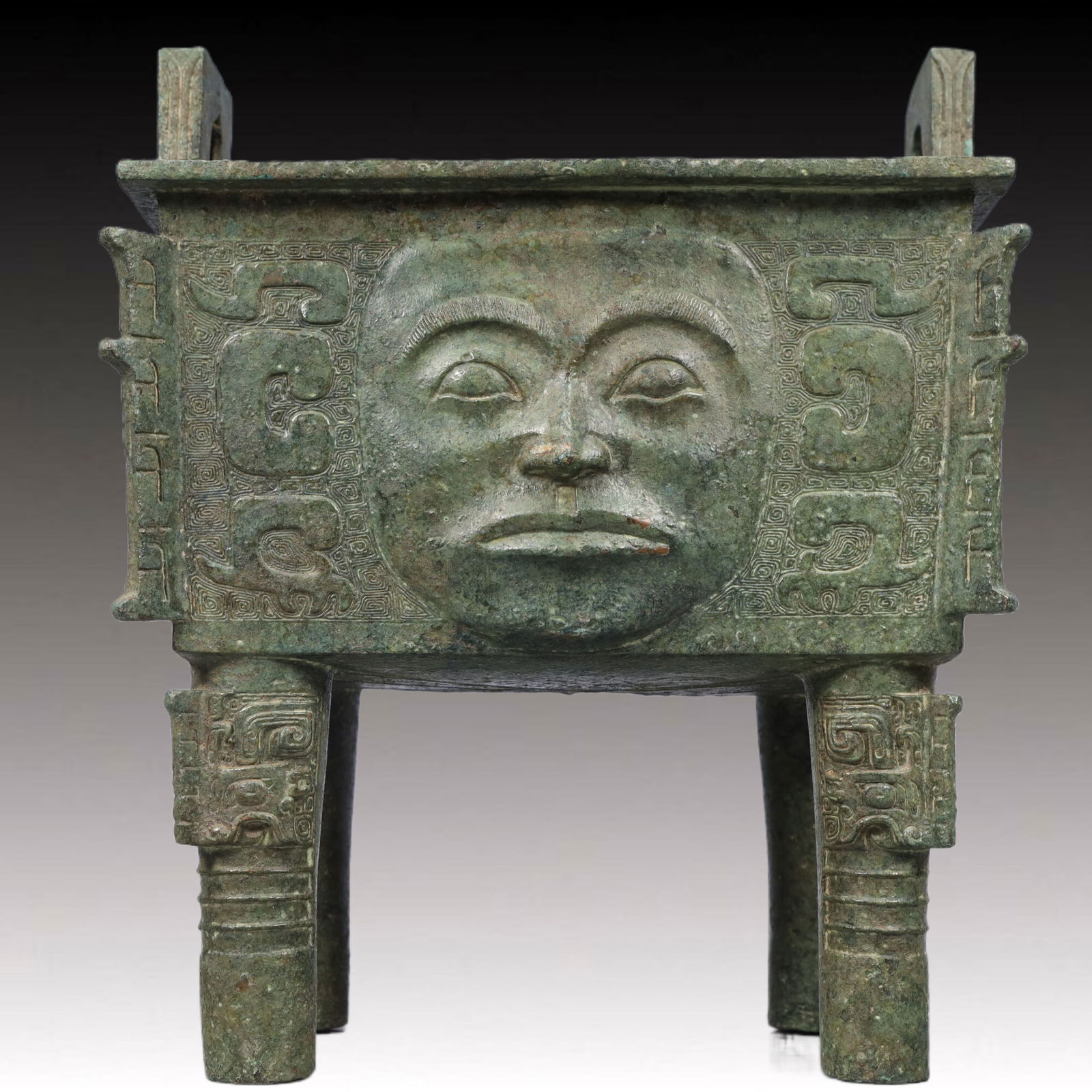 A Rare Bronze Face Pattern Double-Ears Censer - 6
