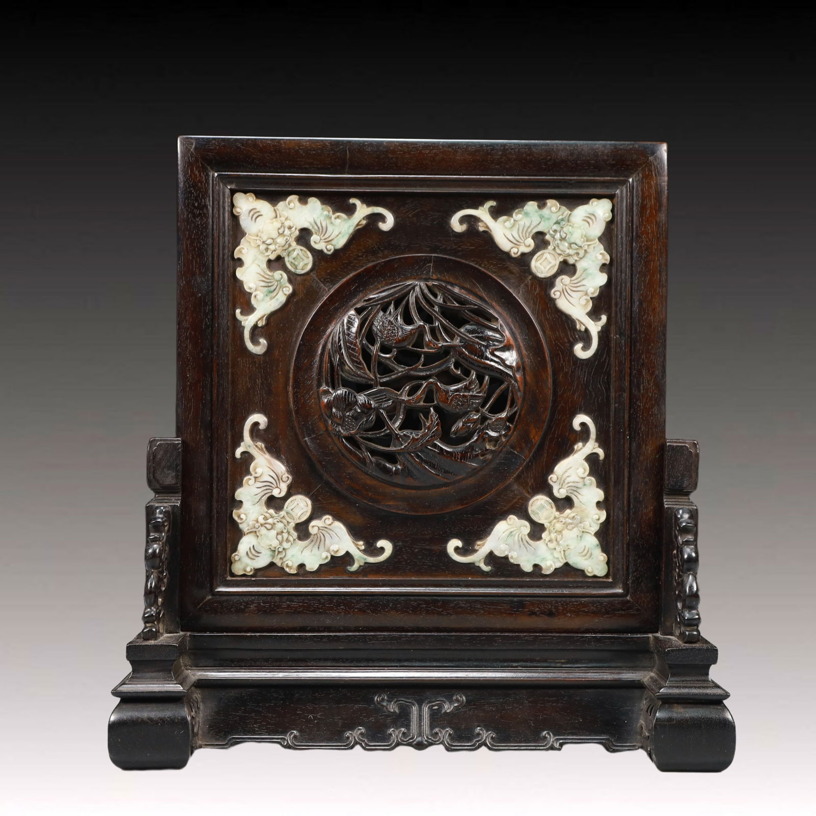 An Exquisite Zitanwood Inlaid Jadeite Bats Pattern Table Screen: An Exquisite Zitanwood Inlaid Jadeite Bats Pattern Table Screen,Qing Dynasty, China,Size:9.8inx3.7inx10.4in,Weight:1000g 
