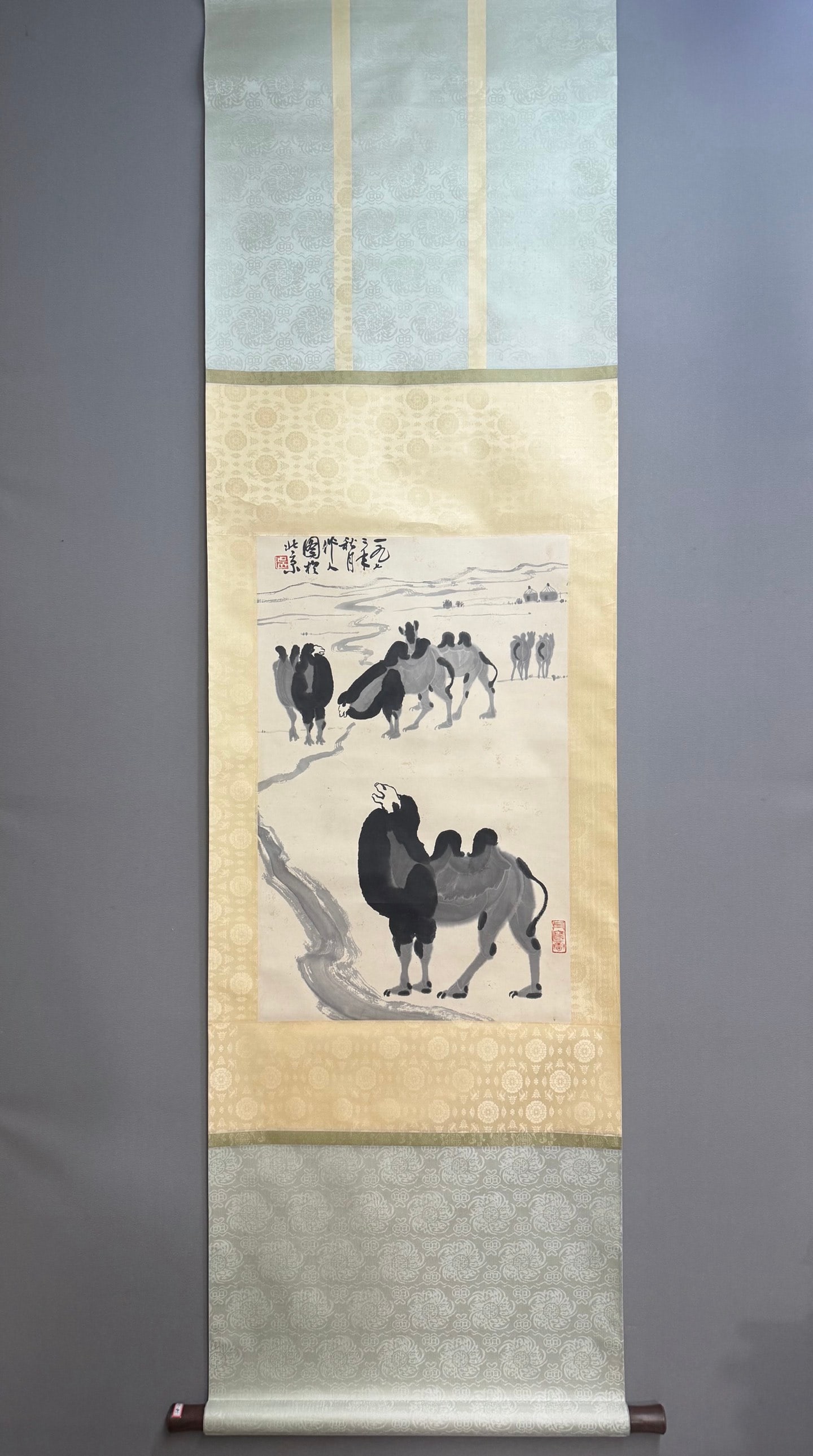 A Chinese Vertical Scroll Ink Painting of Camel on Paper: A Chinese Vertical Scroll Ink Painting of Camel on Paper,Wu Zuoren,Size:26.8inx17.7in 一幅中国水墨骆驼画立轴,吴作人