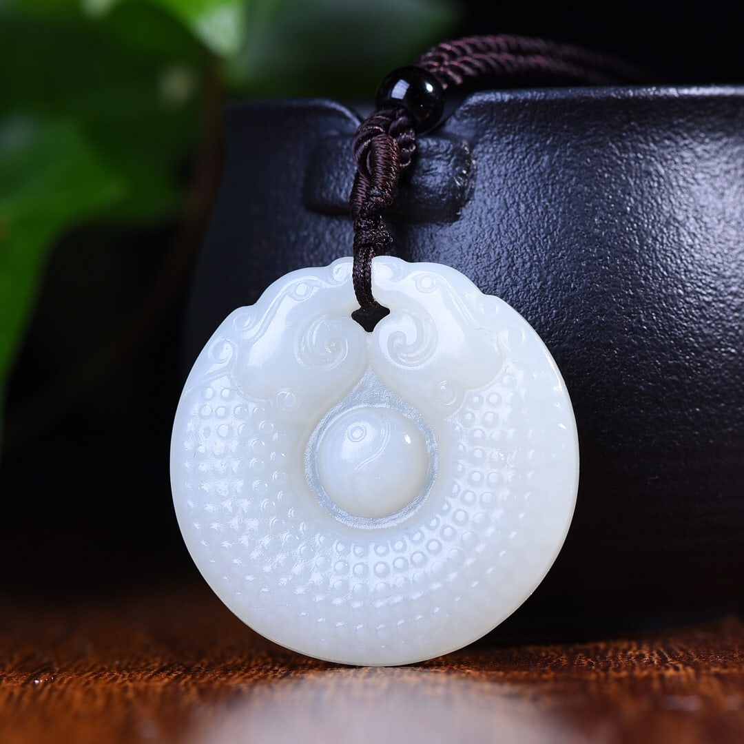 An Exquisite White Jade Trigram Pattern Pendant: An Exquisite White Jade Trigram Pattern Pendant,Size:1.4inx1.4in 白玉八卦纹挂件