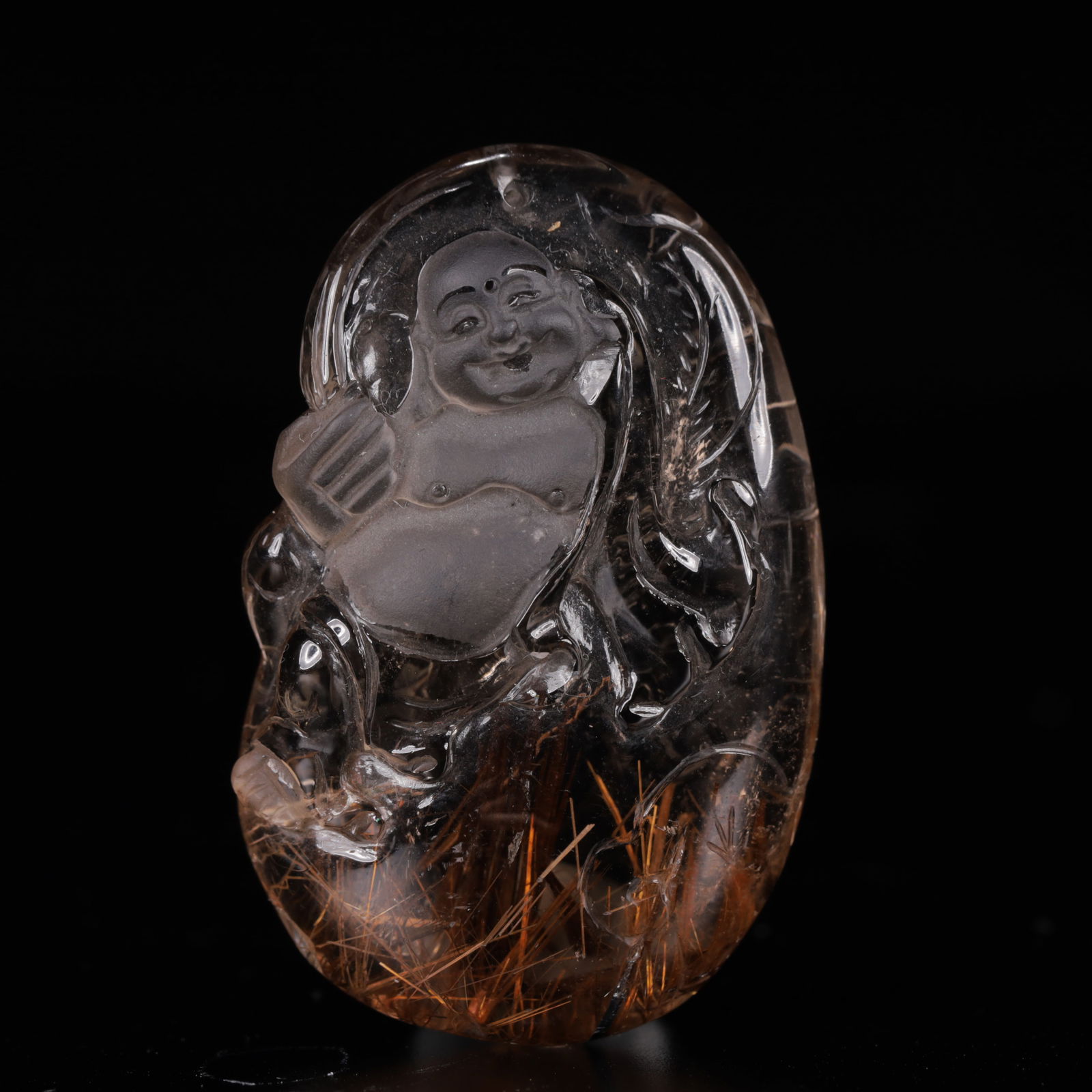 An Exquisite Crystal Statue of Maitreya Buddha Pendant: An Exquisite Crystal Statue of Maitreya Buddha Pendant,Size:1.4inx0.6inx2in,Weight:42g 水晶弥勒佛挂件