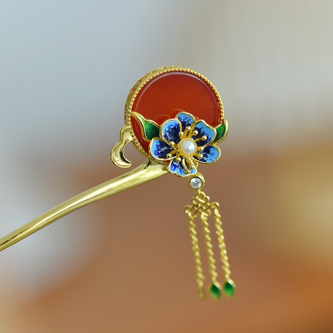 An Exquisite Sterling Silver-Gold Plated Inlaid Agate Enamel Hairpin,Inlaid Pearls: An Exquisite Sterling Silver-Gold Plated Inlaid Agate Enamel Hairpin,Inlaid Pearls,Size:0.8inx0.8in 纯银镀金镶玛瑙珐琅发簪,嵌