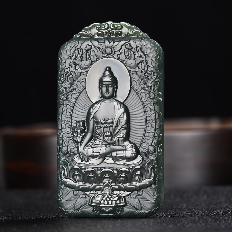 An Exquisite Cyan jade Statue of Medicine Buddha Pendant: An Exquisite Cyan jade Statue of Medicine Buddha Pendant,Size:2.5inx1.4inx0.3in 青玉药师佛像挂件