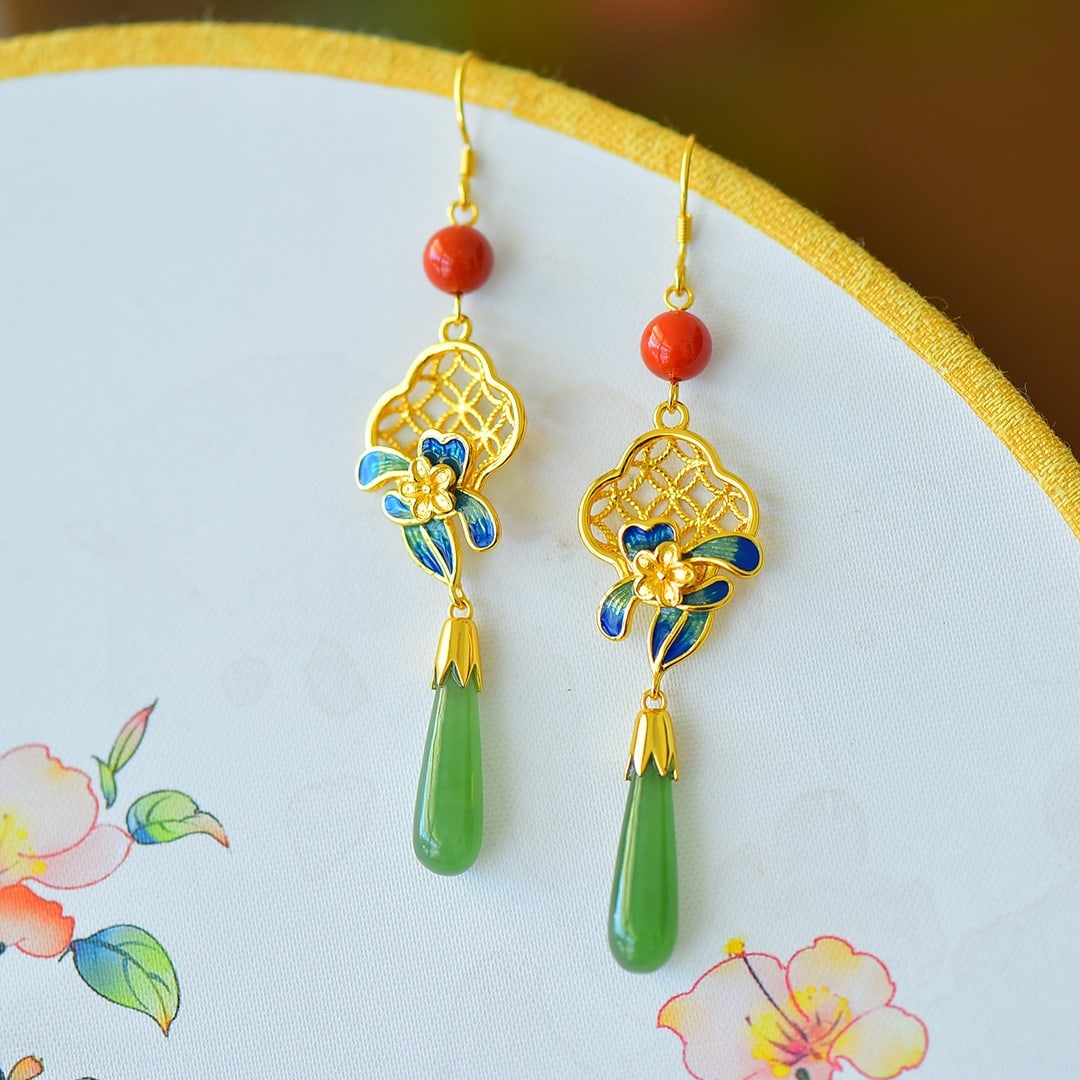 A Pair of Exquisite Sterling Silver-Gold Plated Inlaid Jasper Enamel Earrings: A Pair of Exquisite Sterling Silver-Gold Plated Inlaid Jasper Enamel Earrings,Size:0.2inx0.8in 