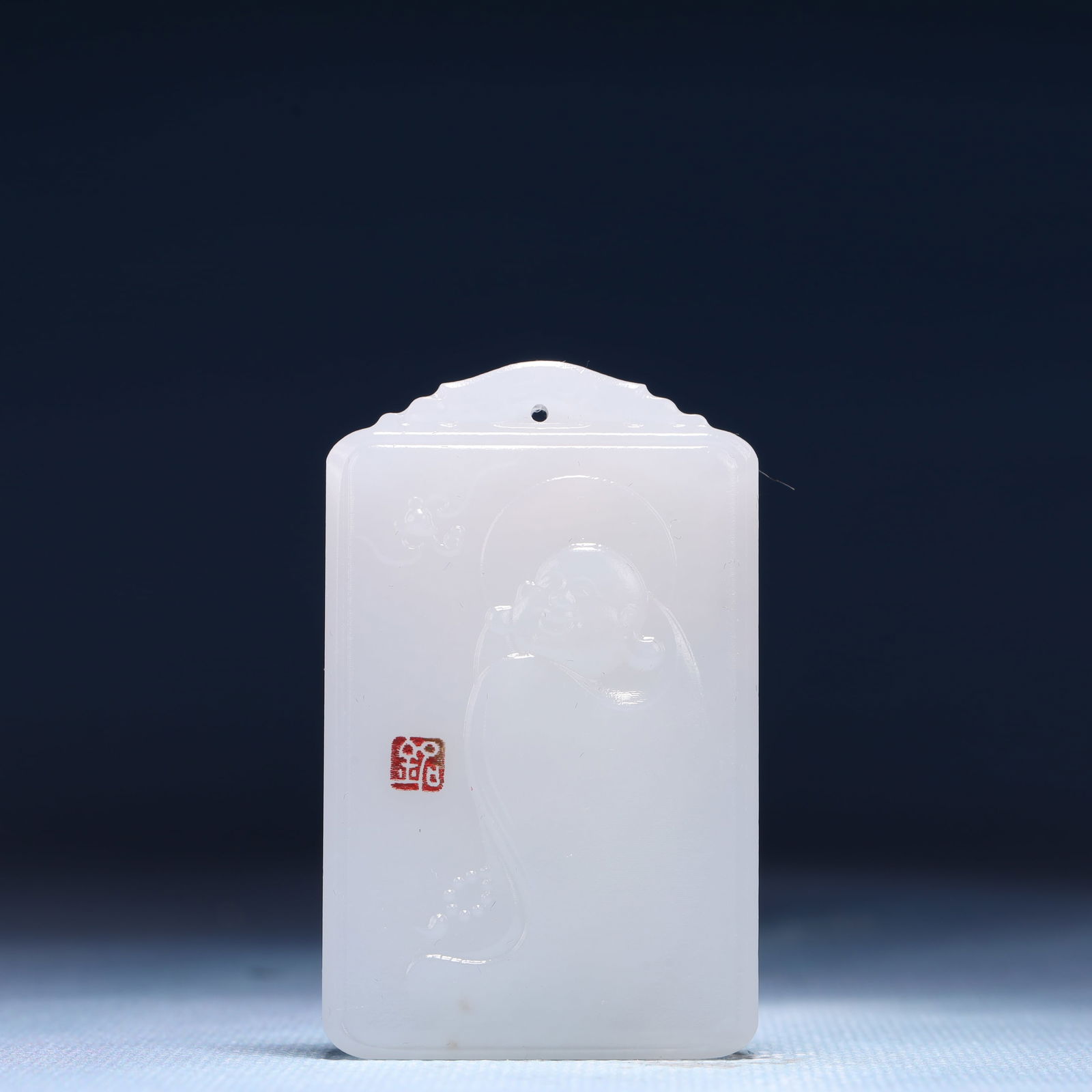An Exquisite White Jade Statue of Maitreya Buddha Pendant: An Exquisite White Jade Statue of Maitreya Buddha Pendant,Size:1.6inx0.4inx2.4in,Weight:49g 白玉弥勒佛像牌
