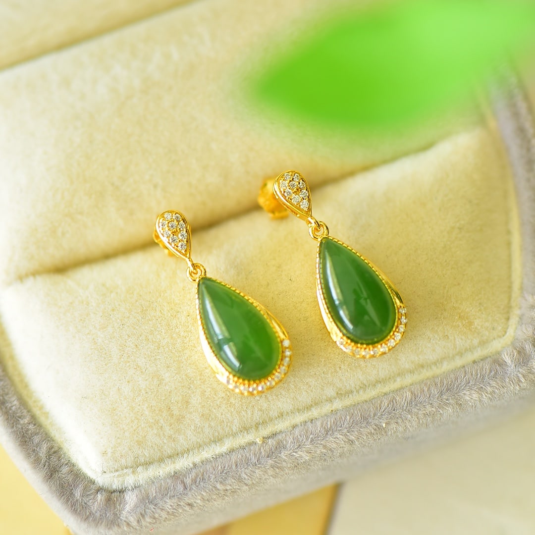 A Pair of Exquisite Sterling Silver-Gold Plated Inlaid Jasper Earrings,Inlaid Diamond: A Pair of Exquisite Sterling Silver-Gold Plated Inlaid Jasper Earrings,Inlaid Diamond,Size:0.3inx0.8in 