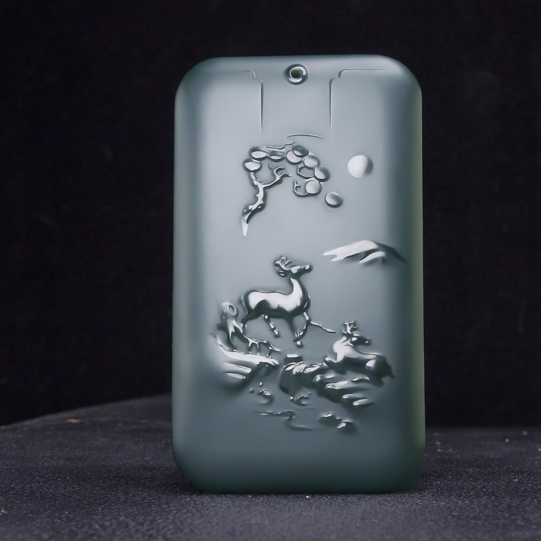 An Exquisite Greenish Jade Sika Deer Pattern Pendant: An Exquisite Greenish Jade Sika Deer Pattern Pendant,Size:2.5inx1.5inx0.4in 青玉梅花鹿纹挂件