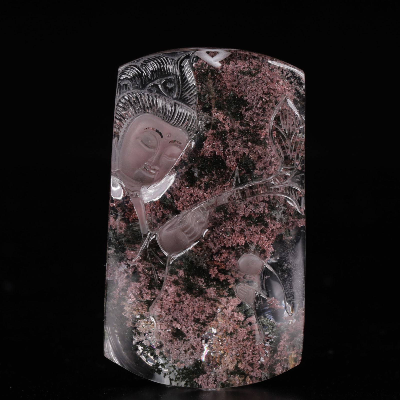 An Exquisite Crystal Statue of Avalokitesvara Pendant: An Exquisite Crystal Statue of Avalokitesvara Pendant,Size:1.6inx0.6inx3in,Weight:81g 水晶观音挂件