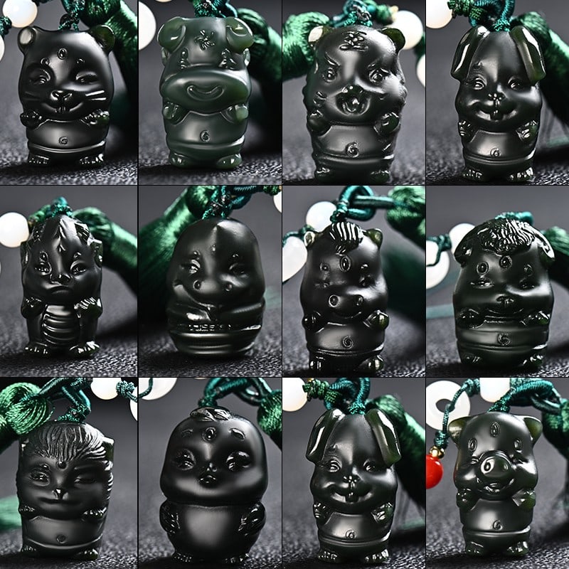 A Set of Fine Cyan jade the Twelve Chinese Zodiac Signs Pendants: A Set of Fine Cyan jade the Twelve Chinese Zodiac Signs Pendants,Size:0.7inx1.1in 一套青玉十二生肖挂件