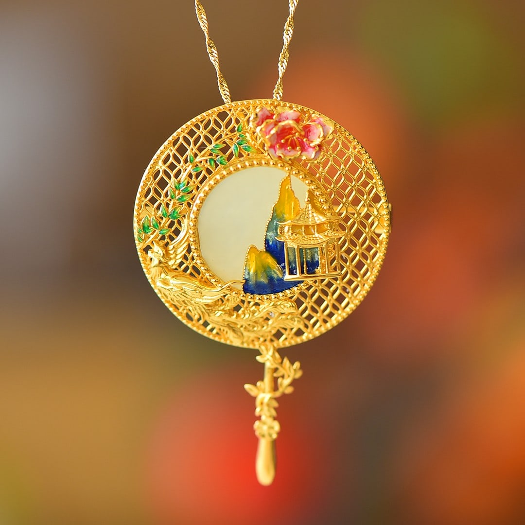 An Exquisite Sterling Silver-Gold Plated Inlaid White Jade Brooch: An Exquisite Sterling Silver-Gold Plated Inlaid White Jade Brooch 纯银镀金镶白玉胸针