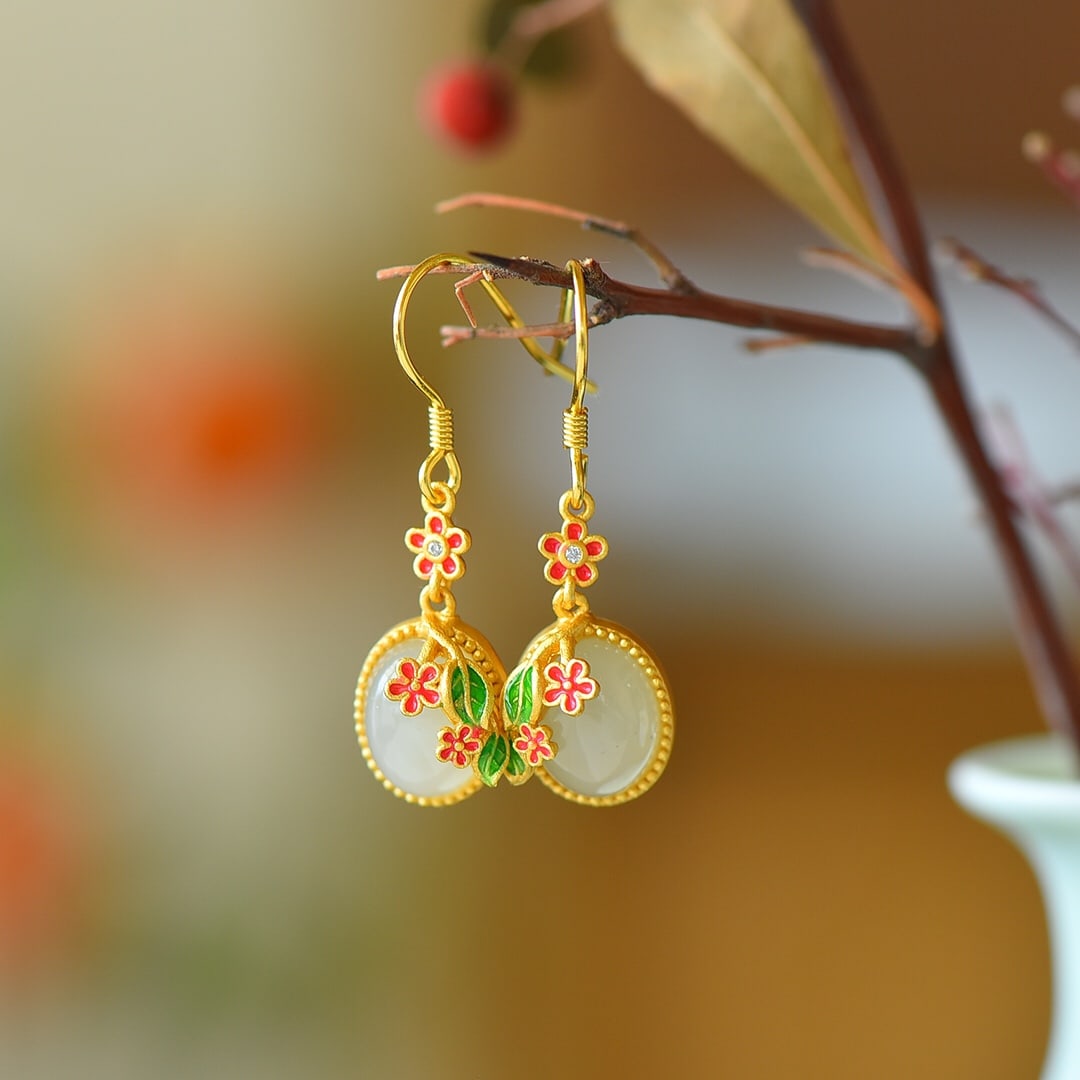 A Pair of Exquisite Sterling Silver-Gold Plated Inlaid White Jade Enamel Earrings: A Pair of Exquisite Sterling Silver-Gold Plated Inlaid White Jade Enamel Earrings 一对纯银镀金镶白玉珐琅耳环