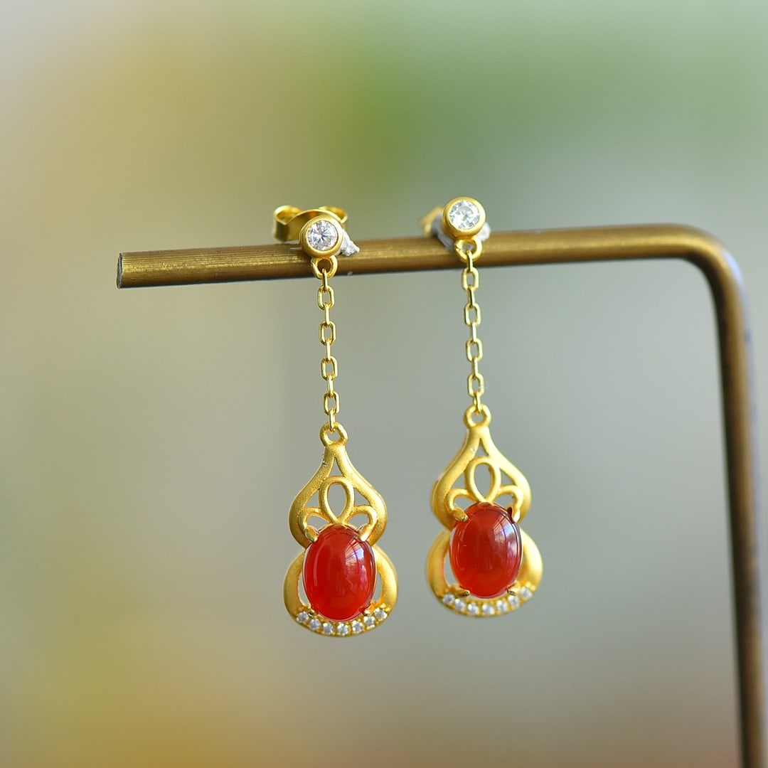 A Pair of Exquisite Sterling Silver-Gold Plated Inlaid Agate Gourd Earrings,Inlaid Diamond (1 of 5)