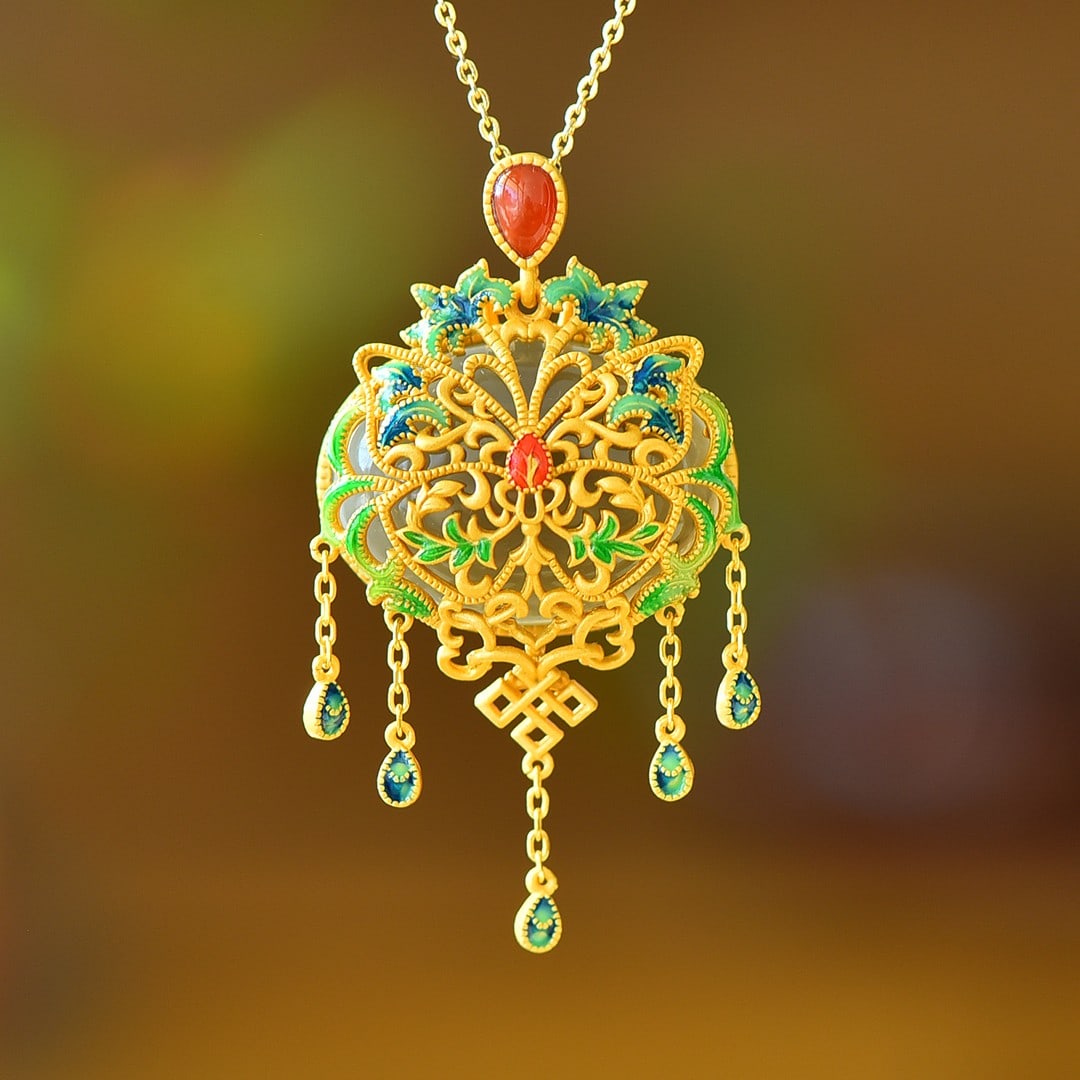 An Exquisite Sterling Silver-Gold Plated Inlaid White Jade Enamel Pendant: An Exquisite Sterling Silver-Gold Plated Inlaid White Jade Enamel Pendant 纯银镀金镶白玉珐琅吊坠