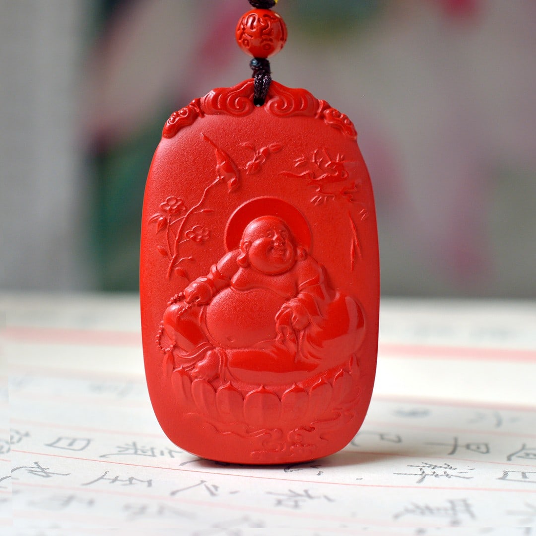 An Exquisite Cinnabar Maitreya Buddha,Flower and Bird Pattern Pendant: An Exquisite Cinnabar Maitreya Buddha,Flower and Bird Pattern Pendant,Size:1.3inx2in (寓意)吉祥招财喜庆、驱邪避凶、&