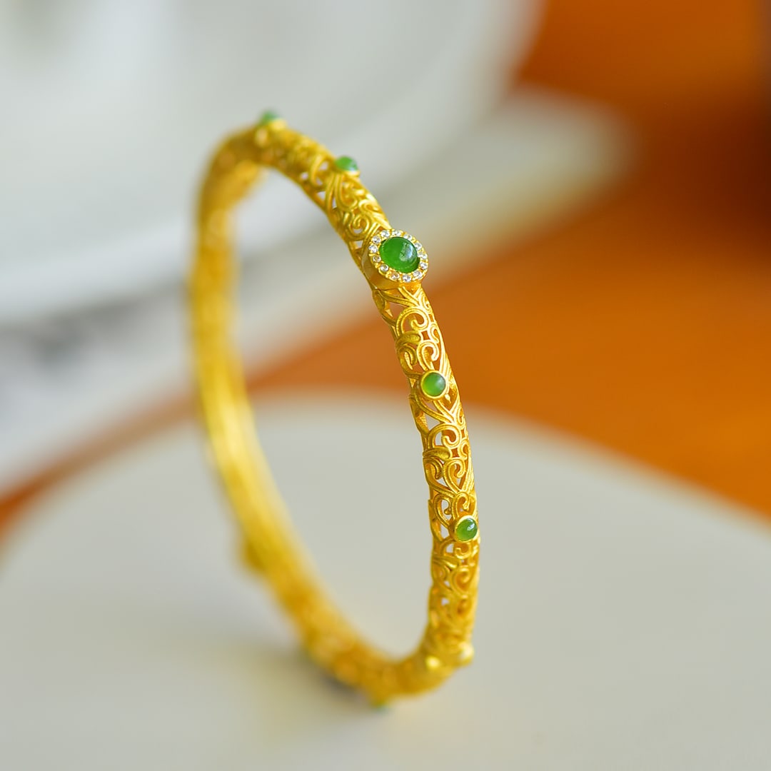 An Exquisite Sterling Silver-Gold Plated Inlaid Jasper Bracelets , Inlaid Diamond: Sterling Silver-Gold Plated Inlaid Jasper Bracelets , Inlaid Diamond , Size :0.2inx0.2in 