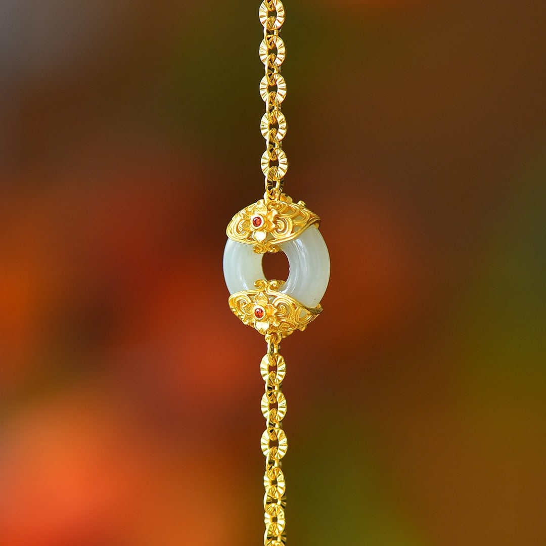 An Exquisite Sterling Silver-Gold Plated Inlaid White Jade Enamel Bracelet: An Exquisite Sterling Silver-Gold Plated Inlaid White Jade Enamel Bracelet 纯银镀金镶白玉珐琅手链