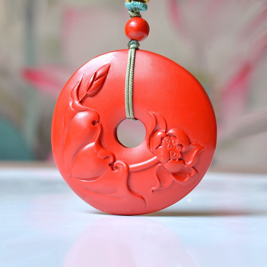 An Exquisite Cinnabar Lotus Pattern Pendant: An Exquisite Cinnabar Lotus Pattern Pendant,Size:1.6inx1.6in (寓意)吉祥招财喜庆、驱邪避凶、安神明&