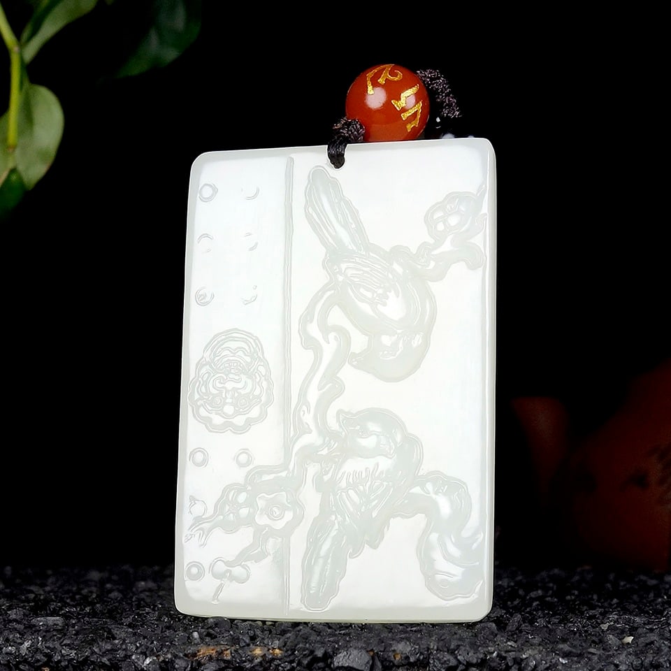An Exquisite White Jade Flower and Bird Pattern Pendant: An Exquisite White Jade Flower and Bird Pattern Pendant,Size:1.8inx1.2inx0.3in 白玉花鸟纹挂件