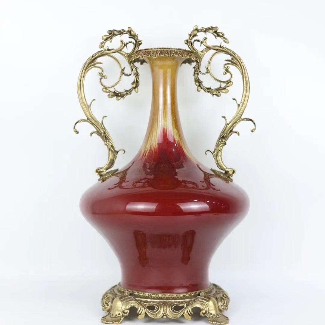 A Huge Flambe Glazed Inlaid Bronze Double-Ears Vase: A Huge Flambe Glazed Inlaid Bronze Double-Ears Vase,Qing Dynasty,China,Qianlong Six-character Mark,Size:18.1inx10.6in 窑变釉镶铜双耳瓶,中国&