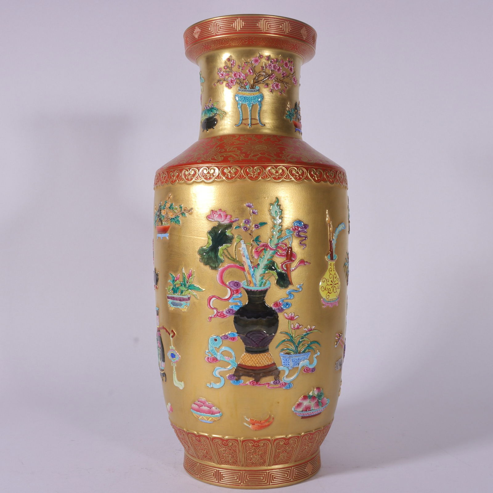 A Rare Enamel Gold Ground Flower Pattern Vase: A Rare Enamel Gold Ground Flower Pattern Vase,Qing Dynasty,China,Qianlong Six-character Mark,Size:14.6inx6.1in 珐琅彩金地花卉纹瓶,中国