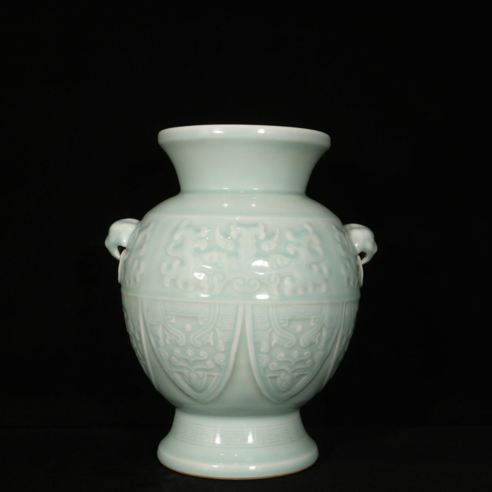 An Exquisite Celadon Glazed Beast-Face Pattern Double-Ears Vase: An Exquisite Celadon Glazed Beast-Face Pattern Double-Ears Vase,Qing Dynasty,China,Qianlong Six-character Mark,Size:11.2inx9.1in 粉青釉兽面纹双耳瓶