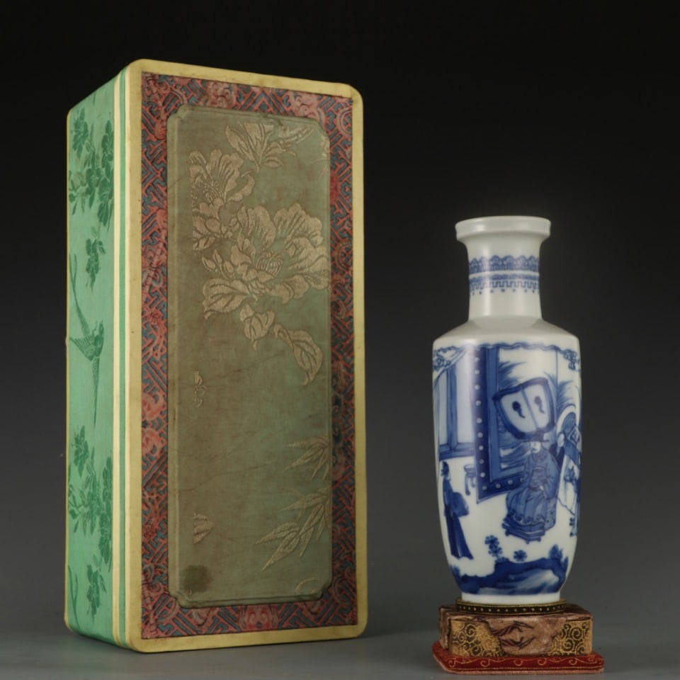 An Exquisite Blue and White Character and Story Pattern Vase: An Exquisite Blue and White Character and Story Pattern Vase,Qing Dynasty,China,Kangxi Six-character Mark,Size:9.8inx2.2in 青花人物故事纹瓶,中
