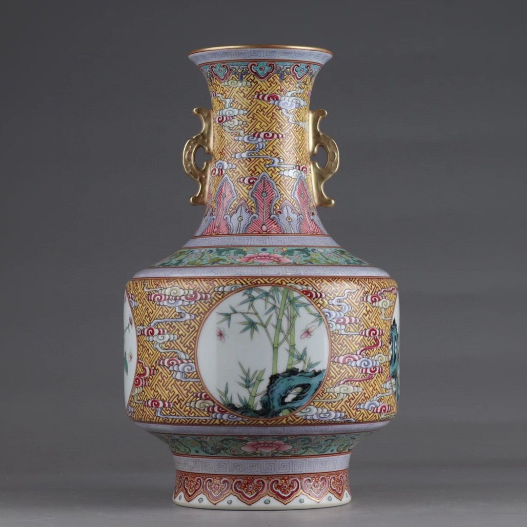 A Rare Famille-Rose Painted Gold Flower Pattern Double-Ears Vase (1 of 9)