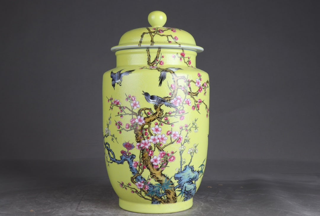 A Rare Yellow Ground Famille-Rose Flower and Bird Pattern Jar with Cover,with poem: A Rare Yellow Ground Famille-Rose Flower and Bird Pattern Jar with Cover,with poem,Qing Dynasty,China,Qianlong Six-character Mark,Size:12.6inx7.5in 黄地粉彩花鸟 