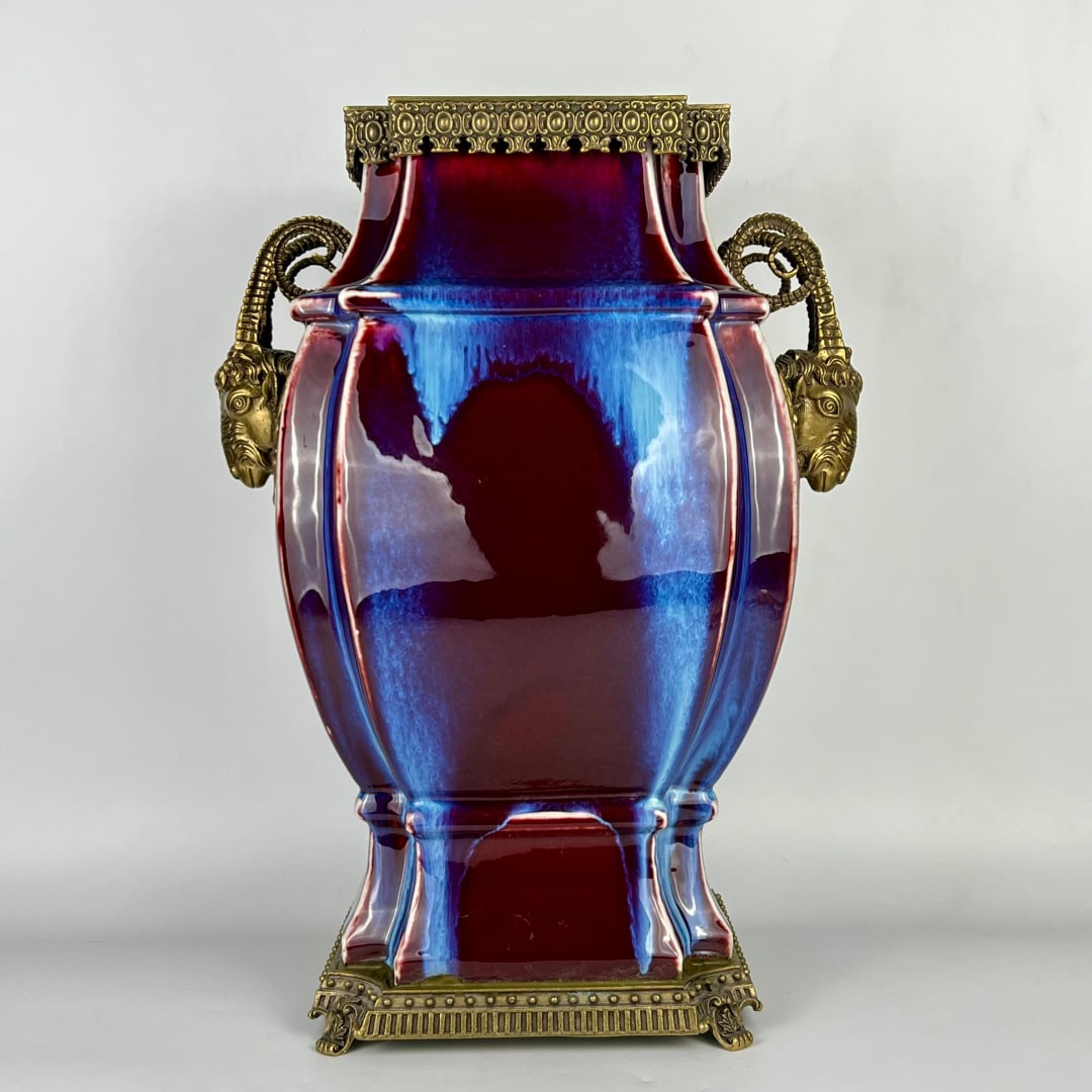 A Huge Flambe Glazed Inlaid Bronze Sheep-Ears Vase: A Huge Flambe Glazed Inlaid Bronze Sheep-Ears Vase,Qing Dynasty,China,Yongzheng Six-character Mark,Size:20.1inx15in 窑变釉镶铜羊耳瓶,中国