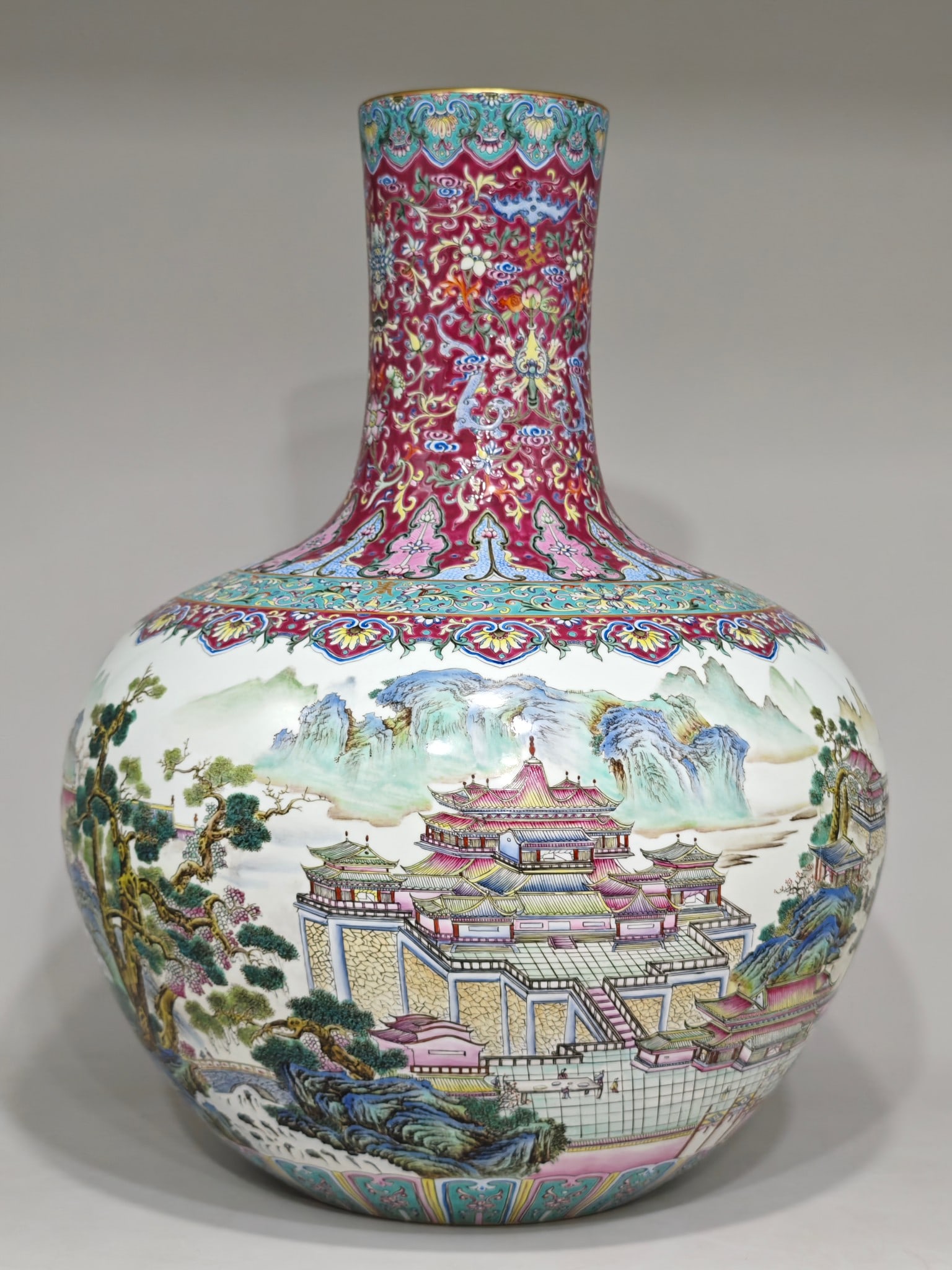 A Huge Famille-Rose Landscape and Figure Pattern Vase,with poem: A Huge Famille-Rose Landscape and Figure Pattern Vase,with poem,Qing Dynasty,China,Qianlong Six-character Mark,Size:20.1inx15in 粉彩山水人物纹瓶,带