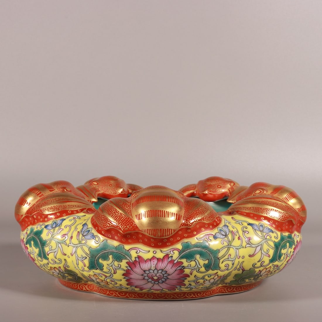 An Exquisite Enamel Yellow Ground Lotus Pattern Brush Washer: An Exquisite Enamel Yellow Ground Lotus Pattern Brush Washer,Qing Dynasty,China,Qianlong Four-character Mark,Size:3inx7.9in 珐琅彩黄地缠枝莲纹